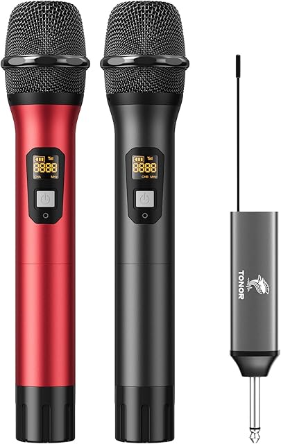 Tonor TW-630 Mikrofon bezprzewodowy UHF, podwójny, metalowy, dynamiczny system z odbiornikiem do wielokrotnego ładowania, do karaoke, na wesele, dla DJ-ów, na imprezę, 60 m (TW630), Czarny i Czerwony