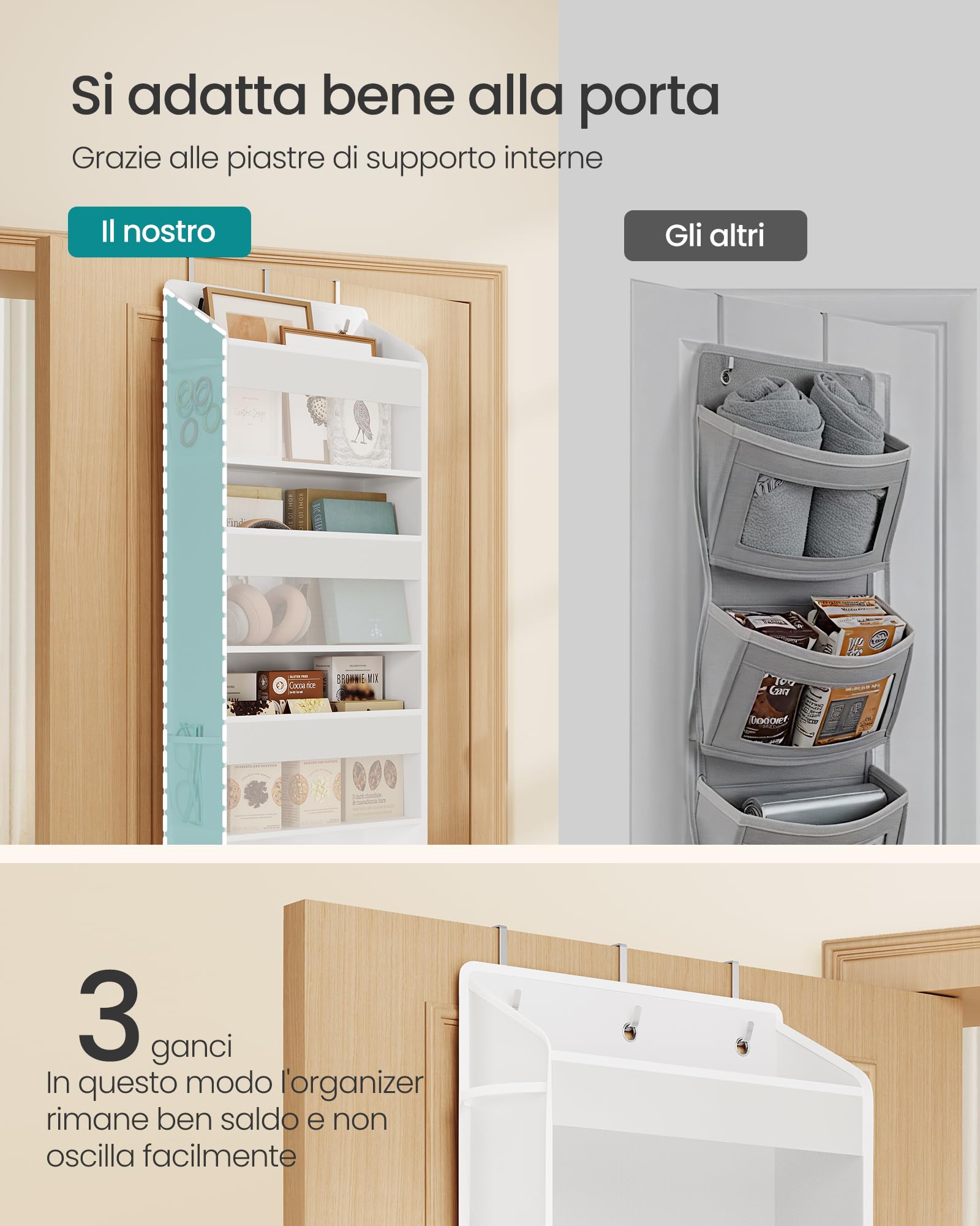 SONGMICS Organizer da Porta, 5 Scomparti, Portaoggetti da Appendere Pieghevole, Ganci in Metallo, Trasparente, Tasche Laterali, Bianco Nuvola RDH010WH01