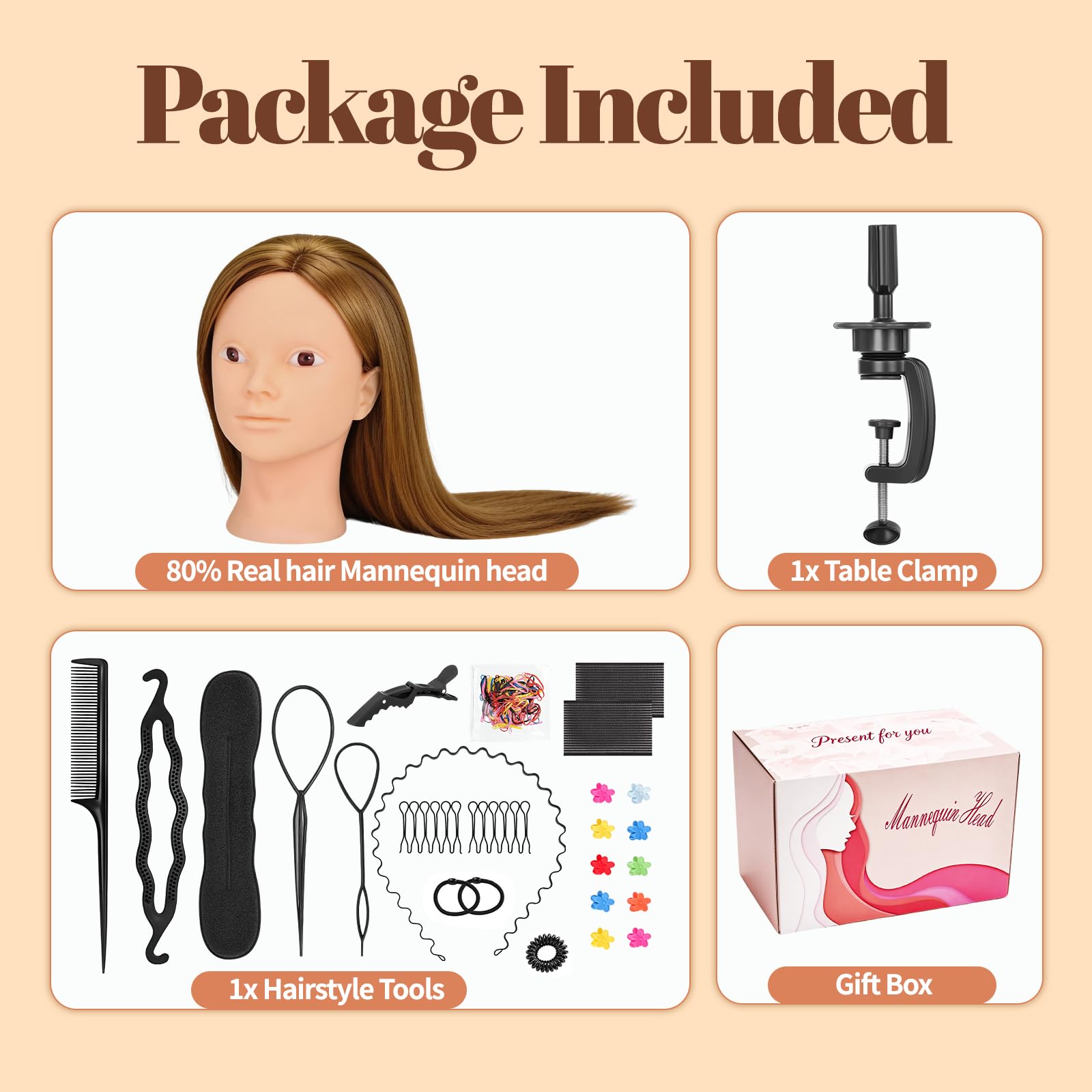 Yofuly 26Zoll/66cm Frisierkopf, 80% Echthaar Übungskopf, Make-up Frisieren Trainingsköpfe, Puppenkopf Friseur Mannequin Kopf mit Tischklemme + DIY-Zopfset (Hellbraun)