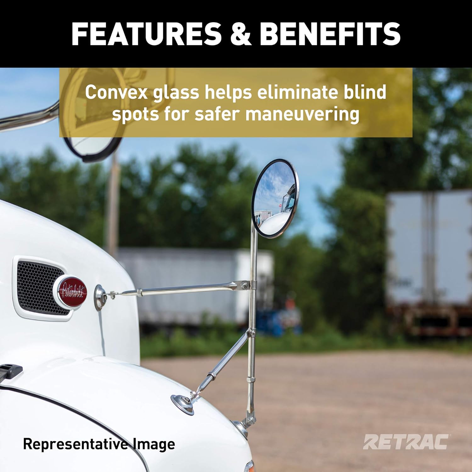 RETRAC 610583 8-Inch Stainless Steel Offset-Mount Convex Mirror Head with Plastic Ball Stud, J-Bracket, Universal Driver or Passenger Side