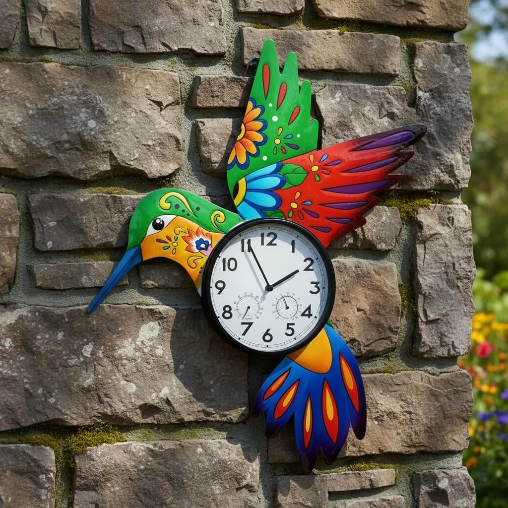 Large Outdoor Clock Silent Non-Ticking, Outdoor Wall Clock with Thermometer & Humidity Decorative Outdoor Clocks for Patio, Garden, Home Decor(Red&Green Hummingbird)