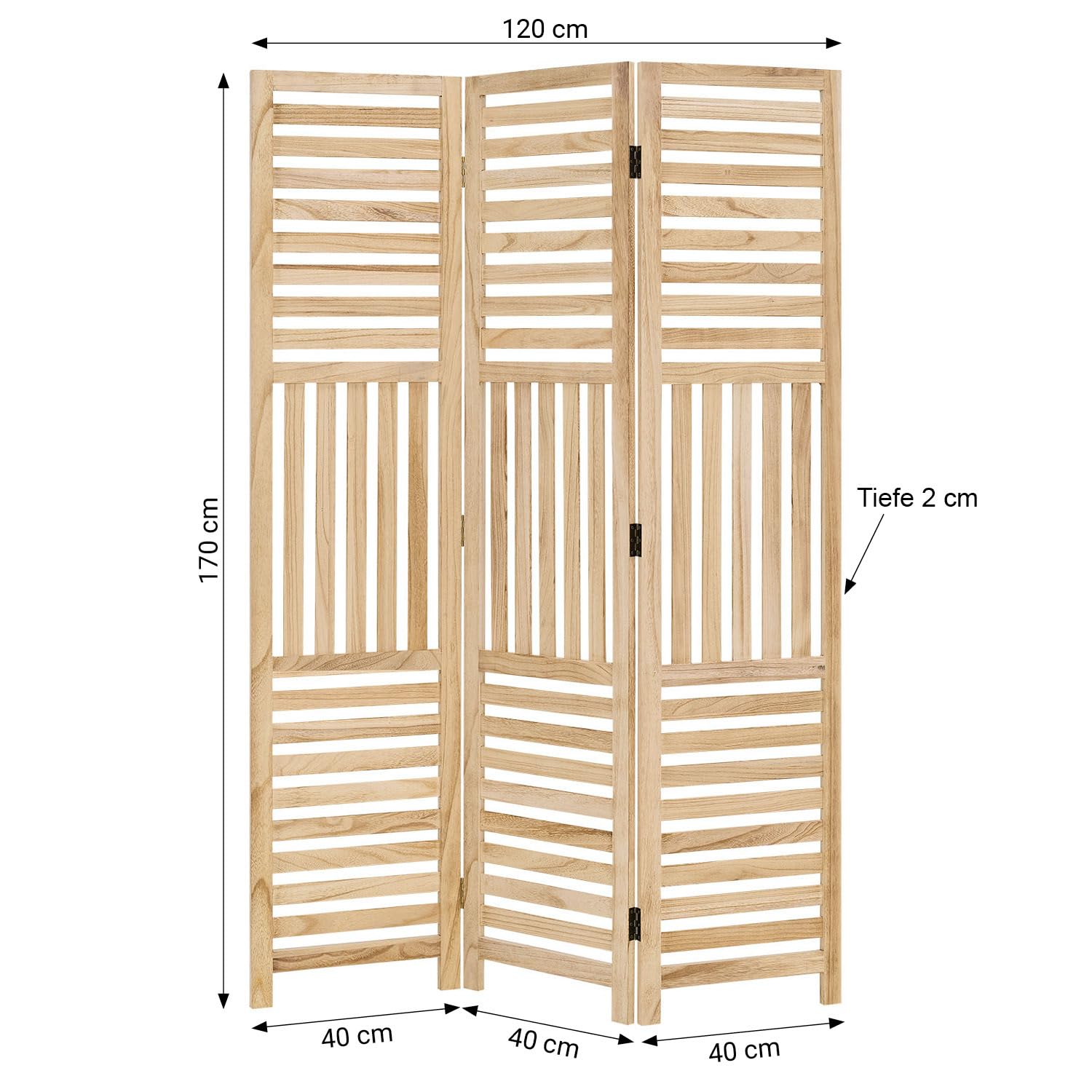 Homestyle4u Parawan, 3-częściowy, do wnętrz, parawan, drewniane lamele naturalne, 170 x 120 cm, ścianka działowa, ochrona przed wzrokiem, drewno wolnostojące