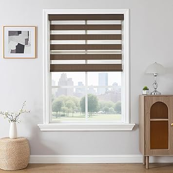 Joydeco Cordless Zebra Blinds for Windows, Dual Layer Light Control Window Blinds with Light-Proof Aluminum Cover, Free-Stop Roller Shades for Home & Office (Custom Size,Coffee)