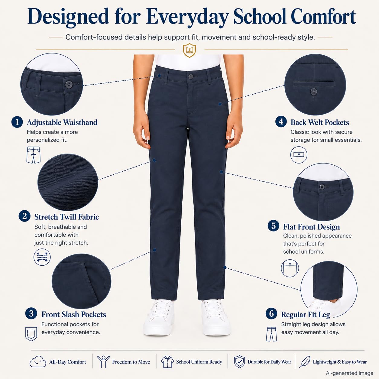 Bienzoe Pantalones de uniforme escolar de algodón elástico con cintura ajustable para niña - azul - 6X