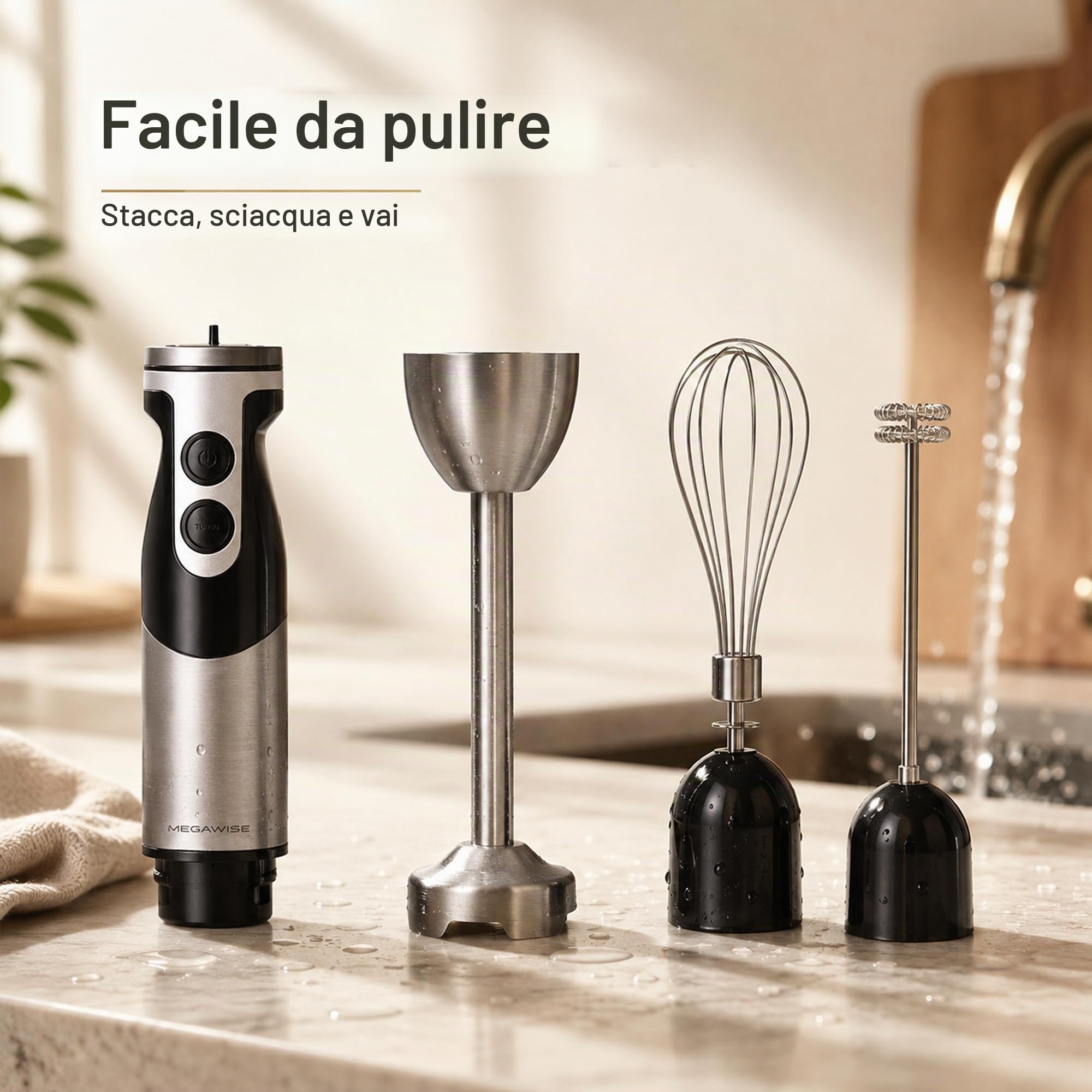 Set frullatore a immersione 3 in 1 MEGAWISE Pro, frullatore a immersione in titanio da 800 W con controllo a 12 velocità, frusta e schiumatore (nero)