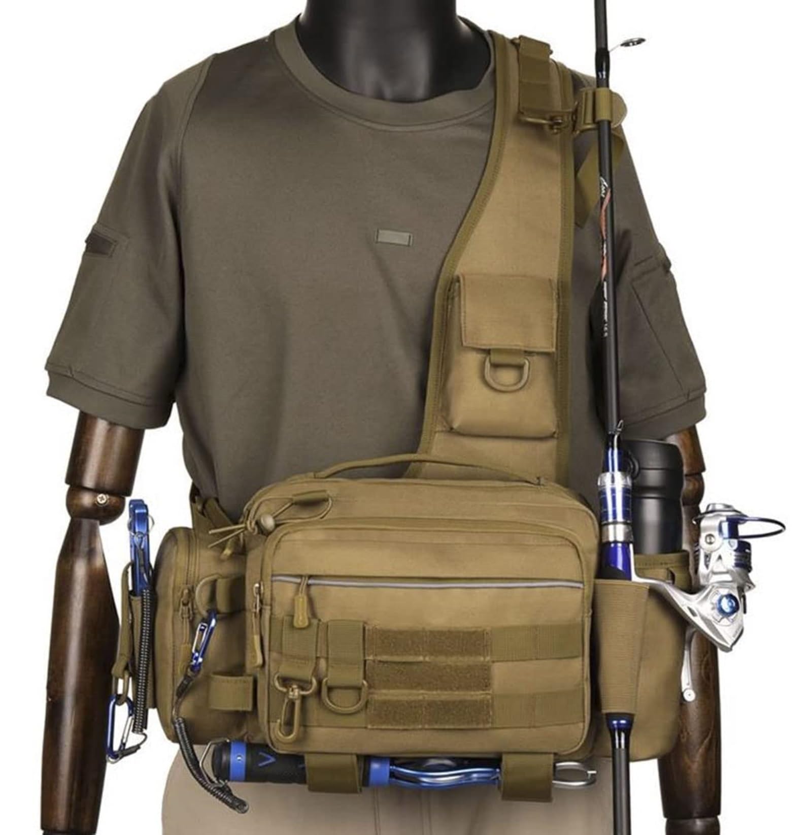 Borsa Pesca Tattica, Multifunzionale Resistente All'Acqua Cintura Tracolla, con Portacanna Sistema Molle per Pesca All'Aperto, Escursionismo Viaggi(Black)
