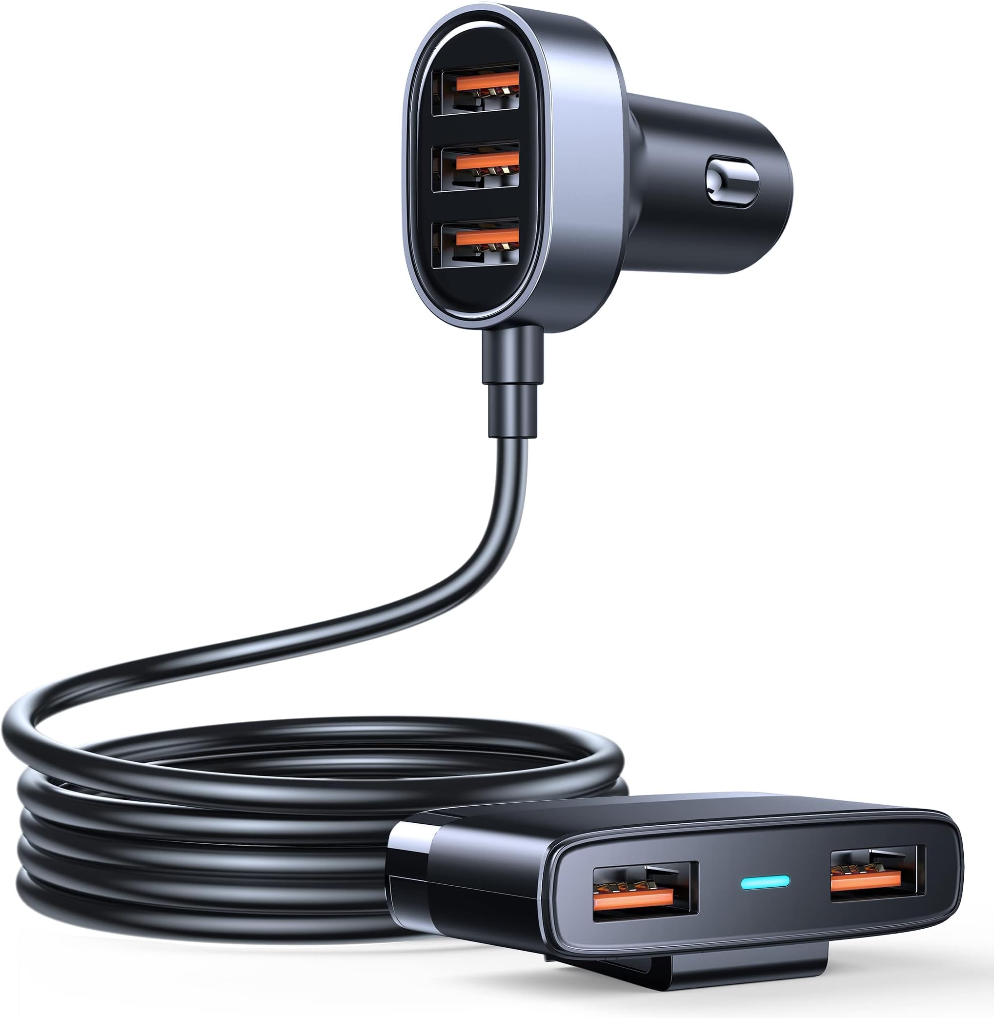 Joyroom 5 Multi USB Car Charger Adapter, Charger for Multiple Devices, 12v Car Phone Charger with 5FT Cable for Front & Back Seat Charging, Compatible with Samsung, iPhone