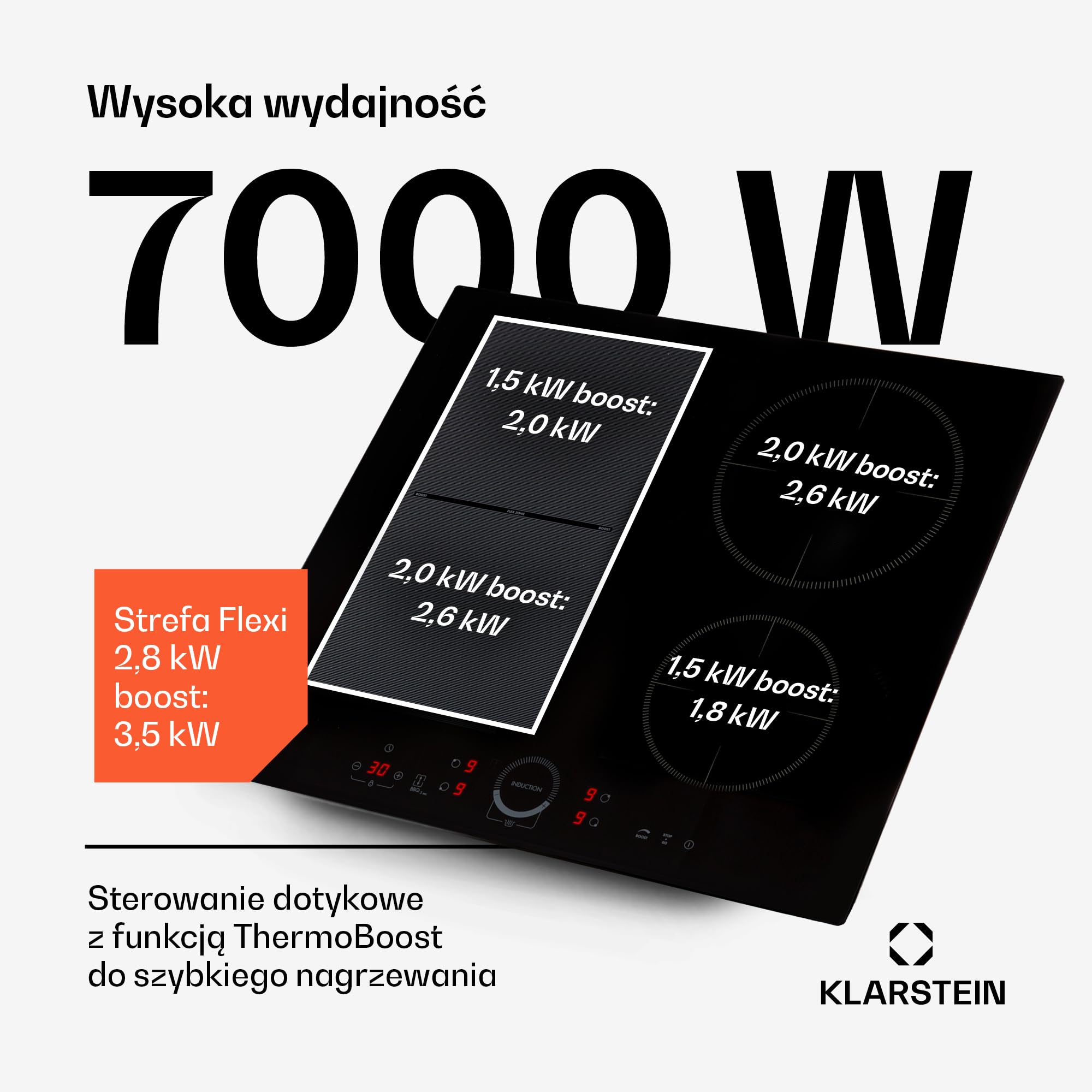Klarstein Delicatessa 60 Hybrid płyta indukcyjna - 60cm, 4-strefowa płyta do zabudowy, 7000W ThermoBoost, sterowanie dotykowe, timer i blokada rodzicielska, czarne szkło ceramiczne