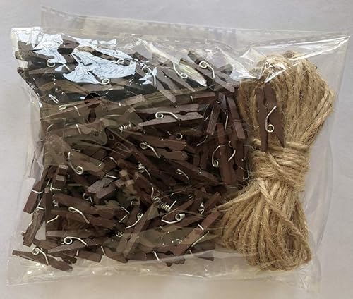 Miniatura 2 de DurReus Mini clip de madera natural lindo pin de fotos accesorios decorativos para fiesta con cordel de yute marrón paquete 100