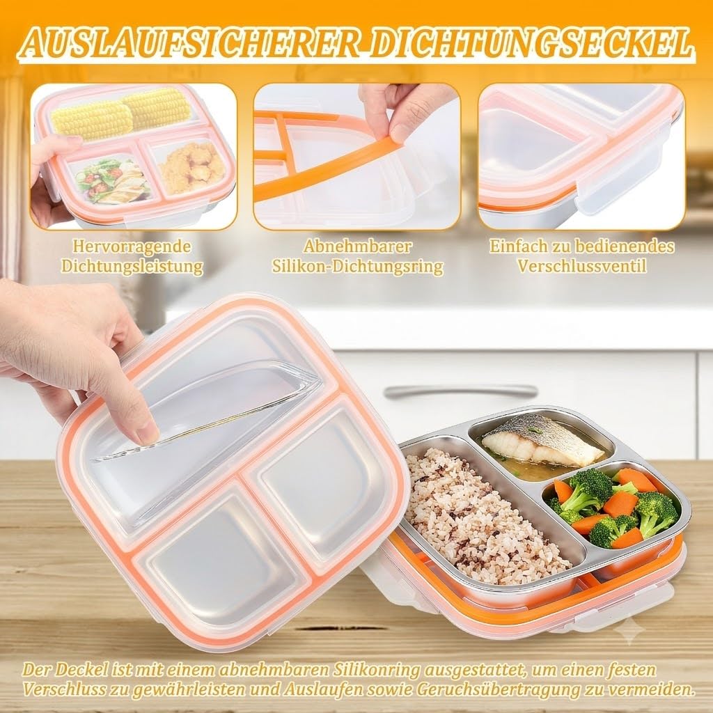 Lot de 4 boîtes à goûter en acier inoxydable. Snackbox étanche 600ml avec couvercle et 3 compartiments, boîte idéale pour école, bureau et pique-nique