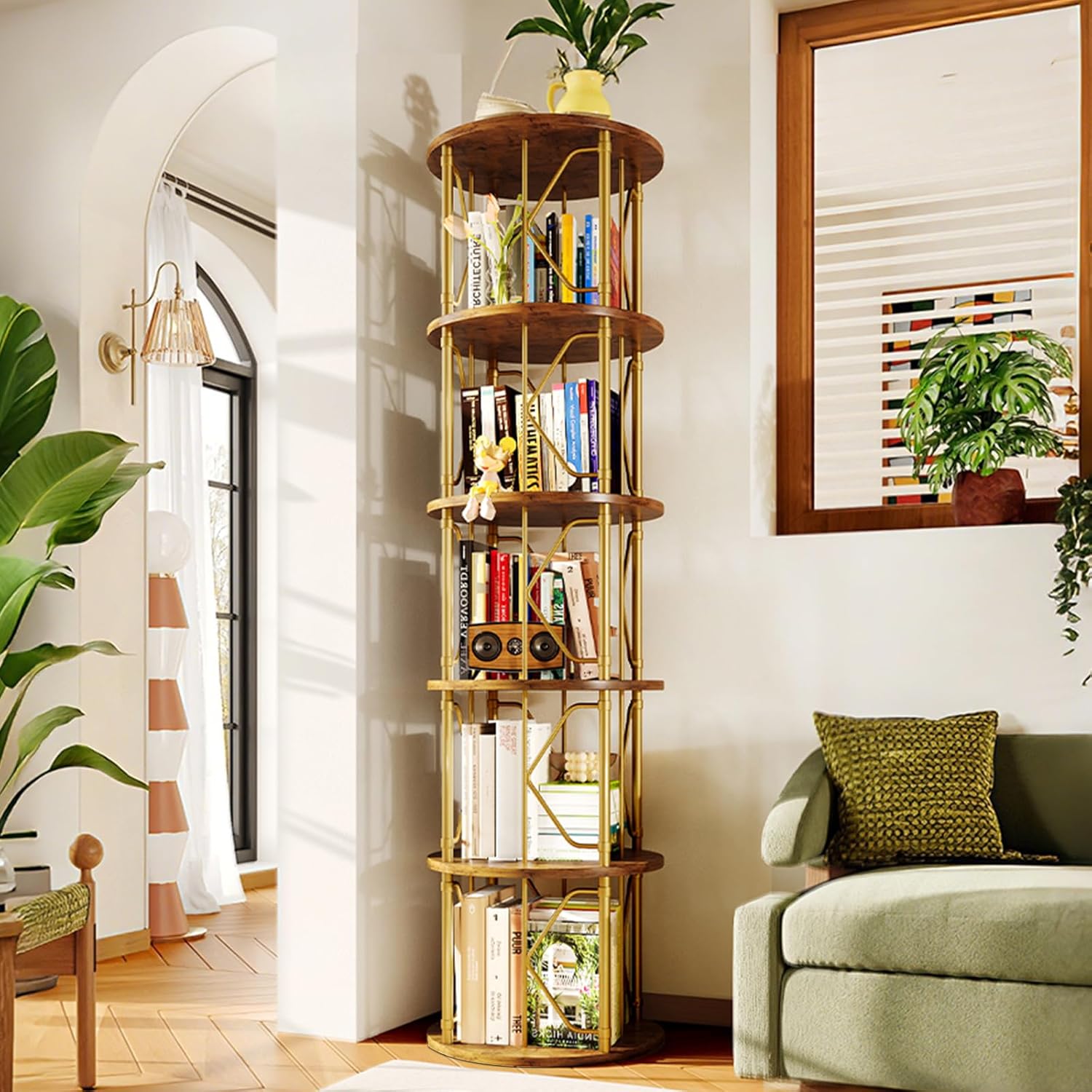 5 Tier Rotating Bookshelf Tower, Revolving Bookcase, 360° Round Spinning Book Shelf, Narrow Swivel Bookshelves Vertical Turning Corner Bookshelf Organizer for Bedroom, Living Room, Gold & Brown