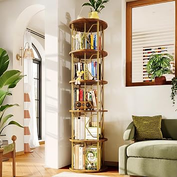 5 Tier Rotating Bookshelf Tower, Revolving Bookcase, 360 Round Spinning Book Shelf, Narrow Swivel Bookshelves Vertical Turning Corner Bookshelf Organizer for Bedroom, Living Room, Gold & Brown