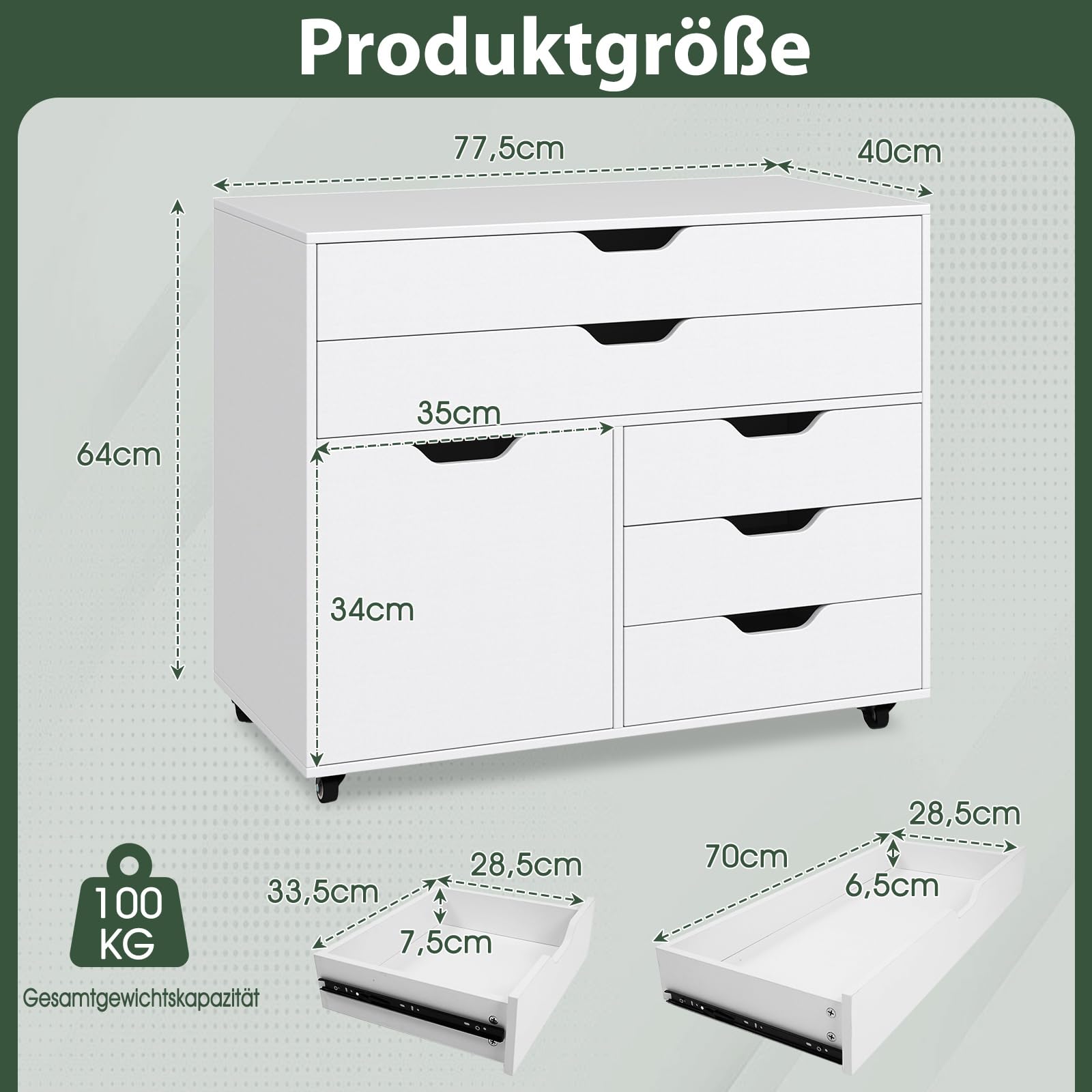 COSTWAY Rollcontainer mit 5 Schubladen & Schrank, mobiler Aktenschrank mit Rollen, Schubladenschrank mit Arbeitsplatte, Rollwagen Bürocontainer aus Holz für Zuhause, Büro, Weiß