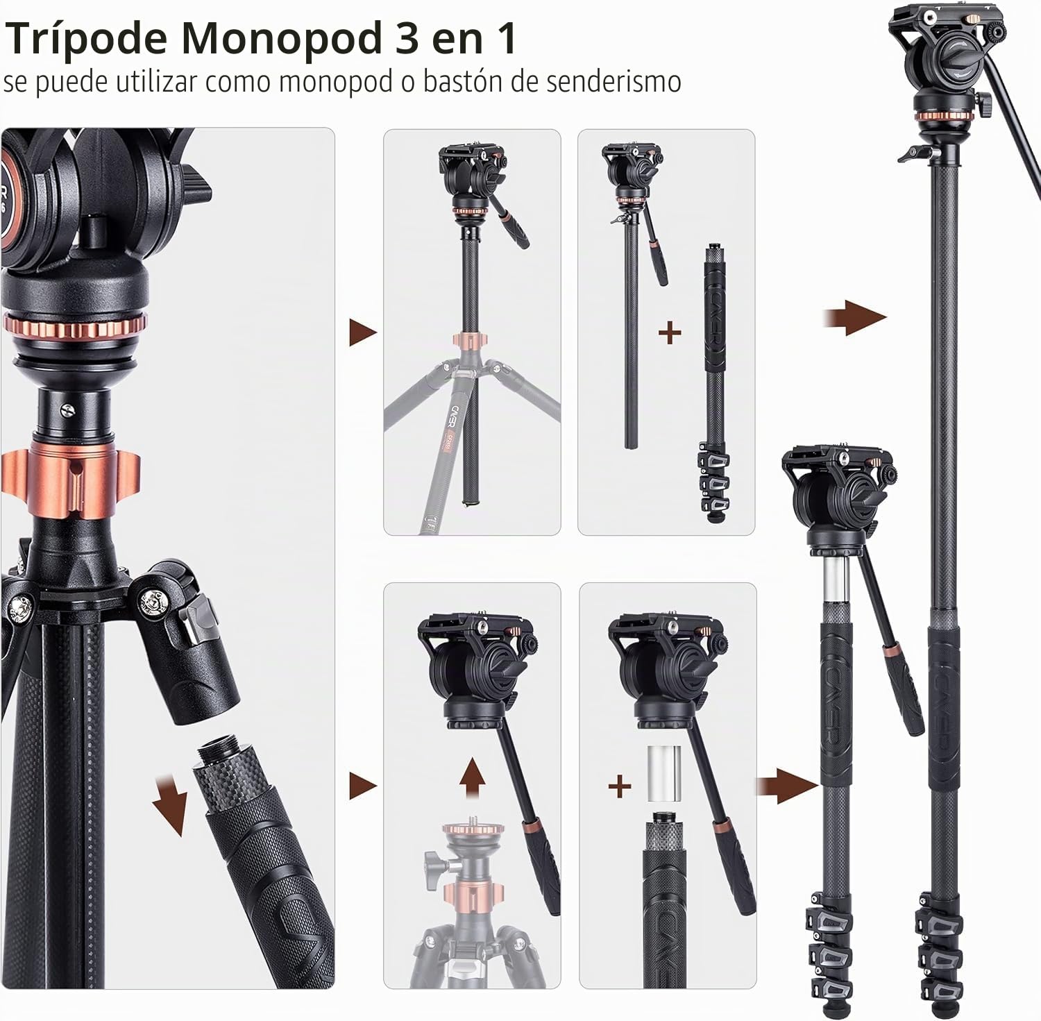 Cayer CF2451 Trípode de Video de Fibra de Carbono de 74 Pulgadas con Cabezal de Arrastre Fluido, trípode Compacto de 4 Secciones DSLR Convertible a monopié, para cámara Canon Nikon Sony DSLR
