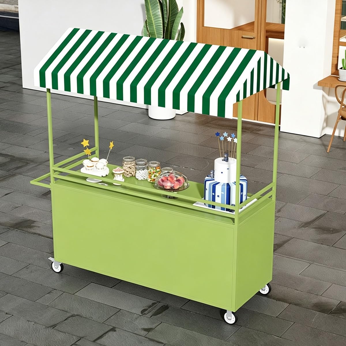 Carrito Ambulante para Comida con Toldo y Ruedas Giratorias, Puesto Móvil | Carro Comercial Puesto de Venta con Ruedas y Amplia Superficie de Trabajo para Mercados y Eventos(Orange,100cm)