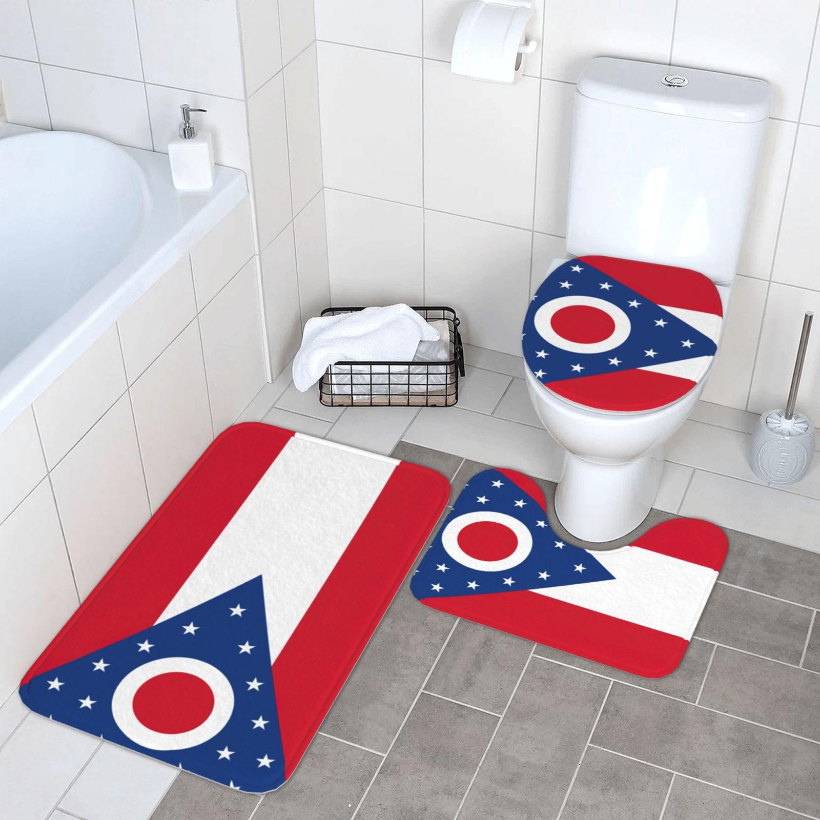 Tapis de salle de bain imprimé drapeau de l'État de l'Ohio avec tapis de toilette de flanelle