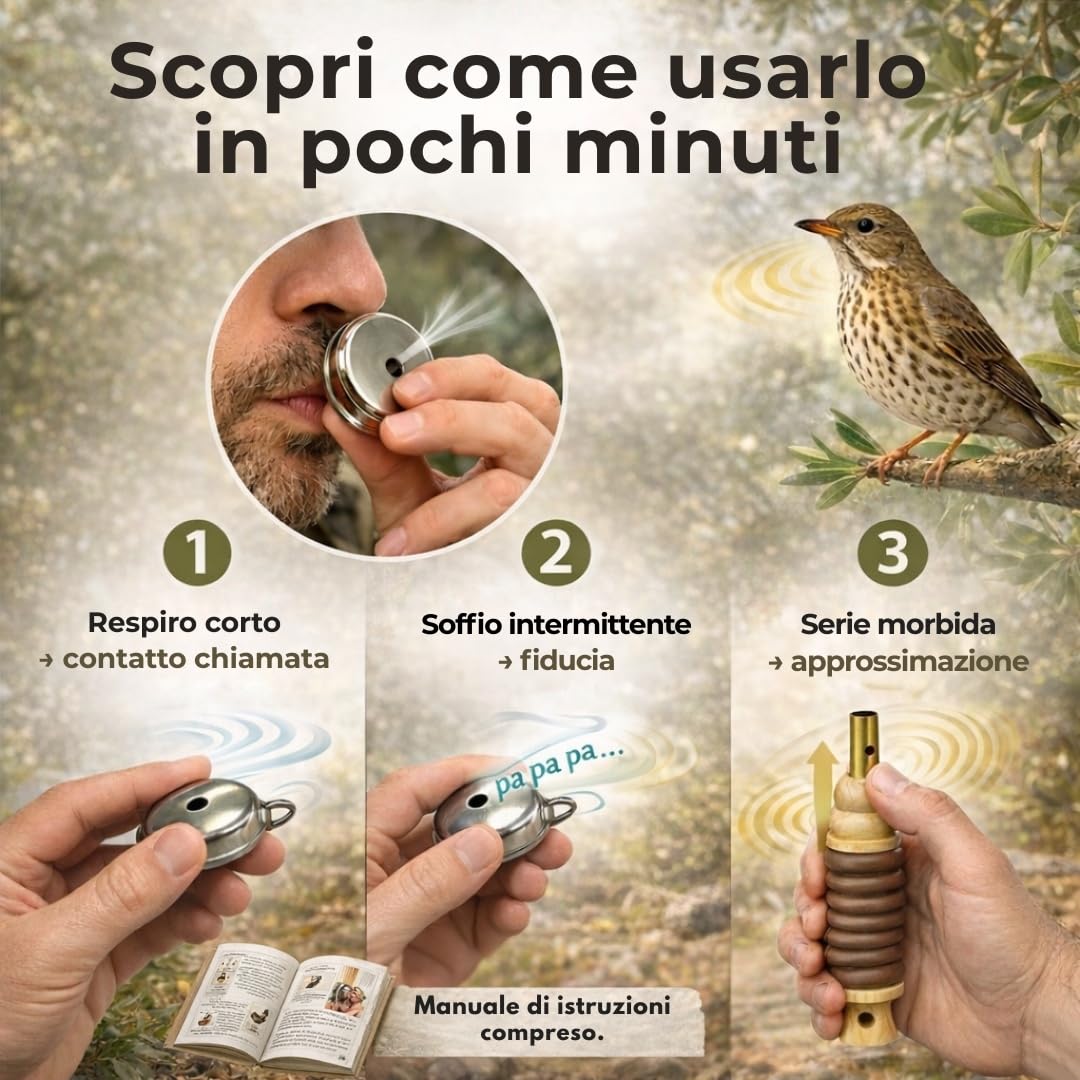 Richiamo Tordo Manuale – Fischietto a Bocca con 2 Suoni Naturali per Osservazione Fauna e Interazione con Uccelli | Richiamo Tradizionale che Imita il Canto Naturale del Tordo con Cordino e Istruzioni