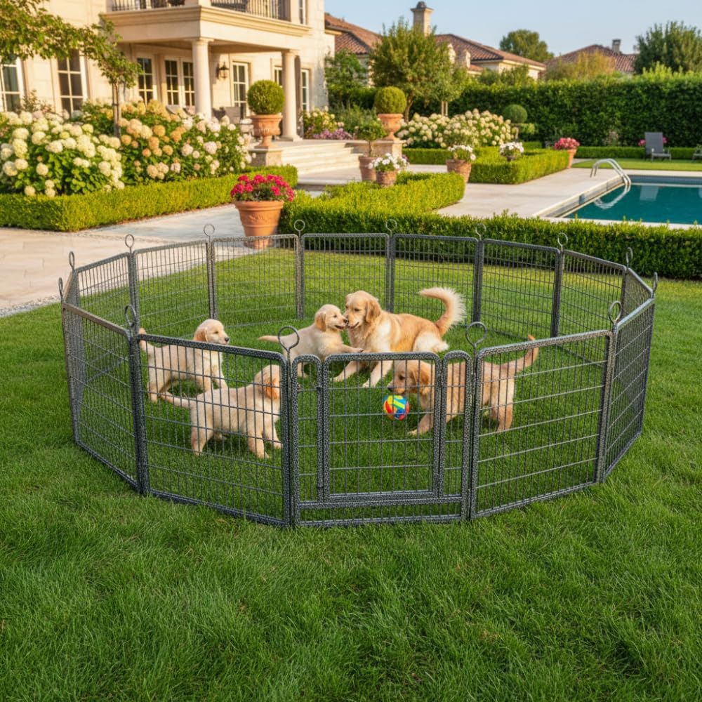 Heavy Duty Outdoor Dog Playpen with Secure Door – Rust-Resistant Metal Fence Panels for Yard, RV, Camping and Backyard Use (Snow Leopard + Metal + American Design)