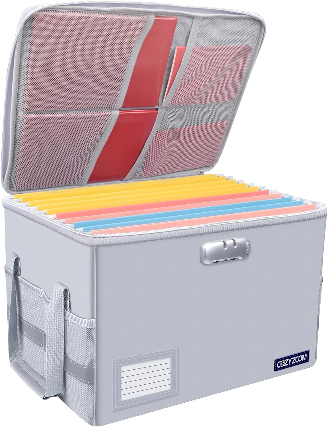 COZYZOOM File Box with Lock, Fireproof Document Organizer Box, Collapsible Storage Filing Box with Zippers Office Home Safe File Box for Hanging Letter/Legal Folders (Silver)