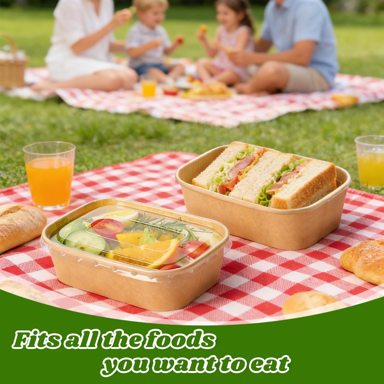 FYSUIMU 100 cuencos desechables de papel kraft de 17 onzas con tapas, recipientes rectangulares para alimentos, ensaladas para el hogar, restaurante, camping, bebidas frías y calientes