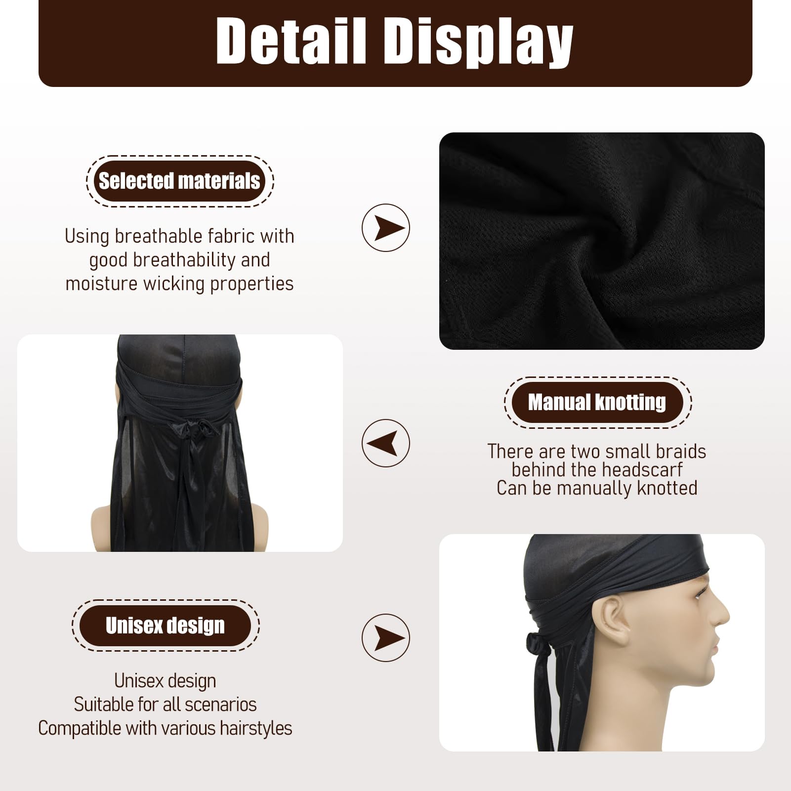 Durag De Seda Gorro De Onda Elástico Bandana Transpirable Secado Rápido Negro