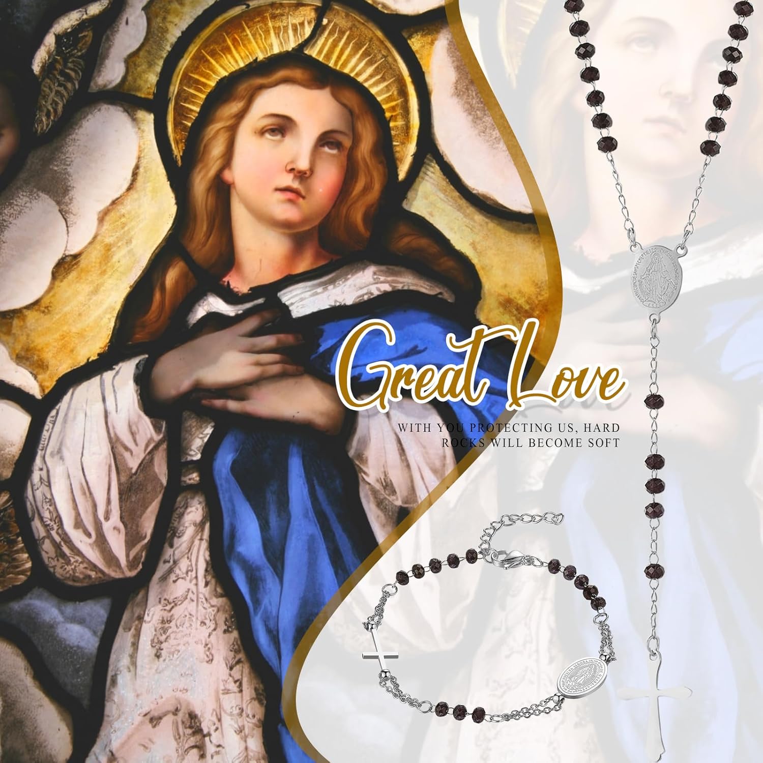 Rosary Beads Catholic Cross Necklace Bracelet: Stainless Steel Pearl Beaded Virgin Mary Medallion Christian Y Necklace Jewelry Gifts for Women Men - Image 4