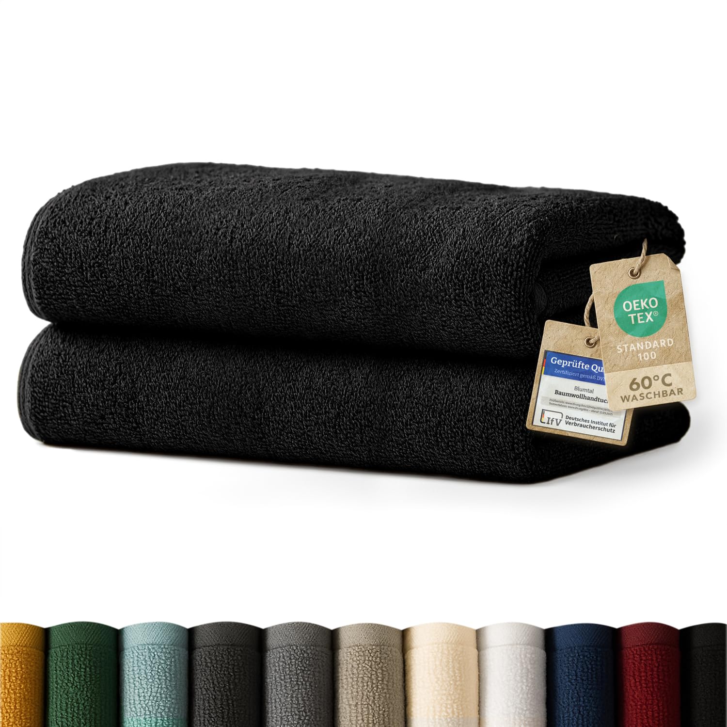 Blumtal Premium Frottier Handtücher Set 2 teilig 100% Baumwolle - Oeko-TEX zertifiziertes Badetuch 2X (70x140 cm) - Ultra saugstarkes Frottiertücher Set waschbar °60 - Handtuch Schwarz