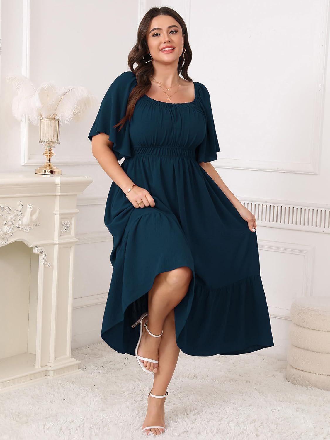 Plus Size Smocked Maxi Dresses for Curvy Women Square Neck Flowy Casual Summer Wedding Guest Dress - Image 6