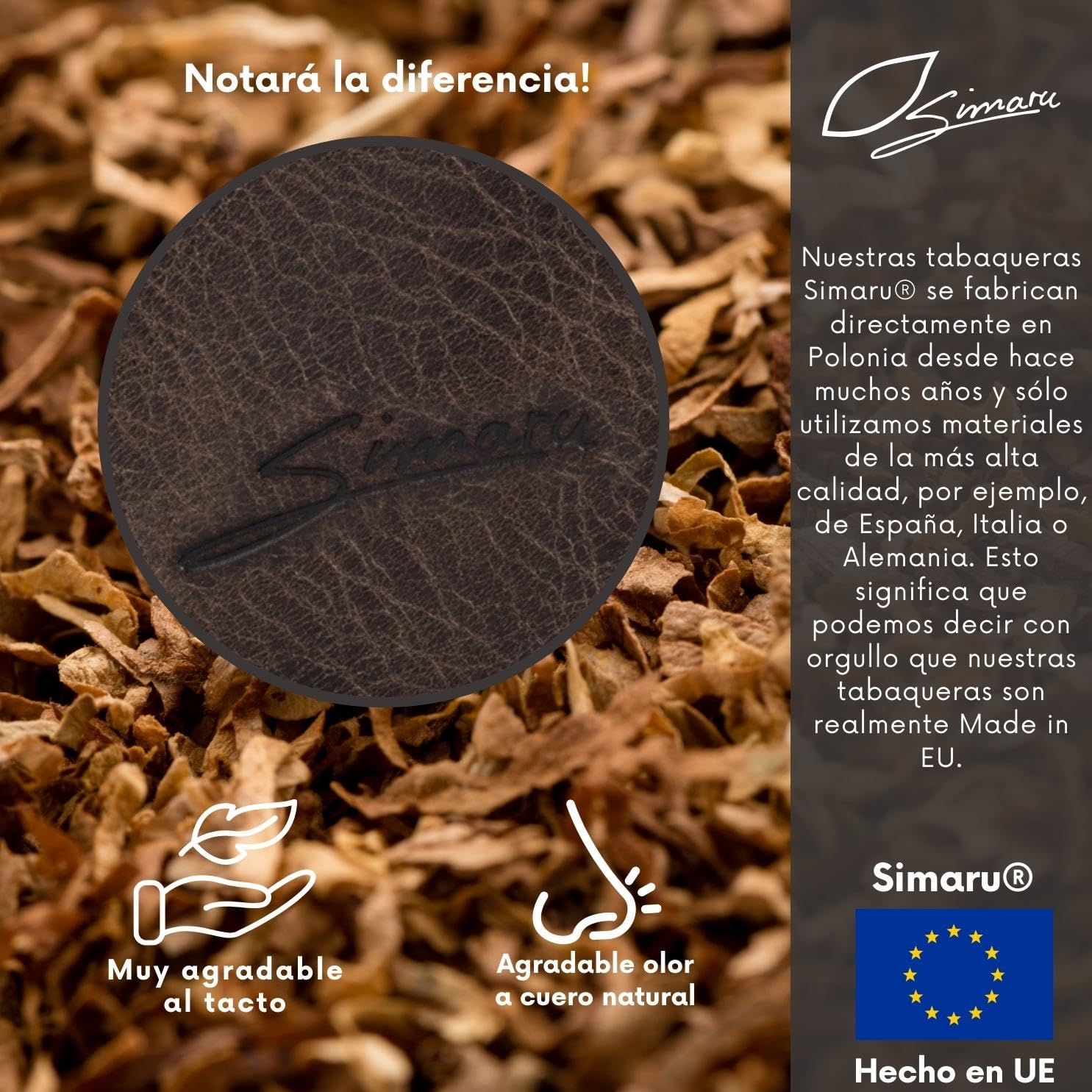 Simaru Tabaquera Pitillera de Piel Napa Italiana para Tabaco de Liar 30 g con Filtros, Papel y Mechero | Cuero Curtido Vegetal con 2 Bandas de Cierre Intercambiables (Marrón)