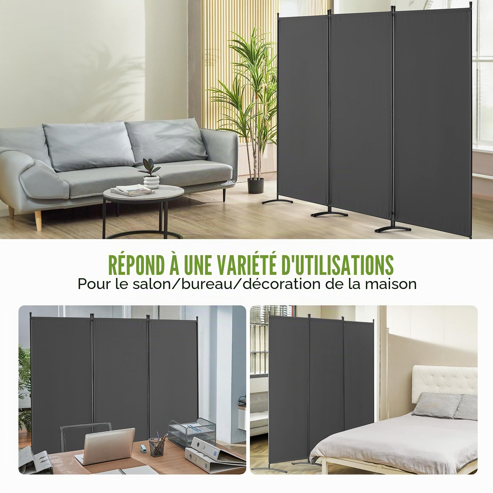 VEVOR Cloison de séparation en tissu, séparateur de pièce pliable à 3 panneaux, paravent de confidentialité intérieur pour bureau, chambre, salle à manger, maison, autoportant, 228 x 52 x 184 cm, gris