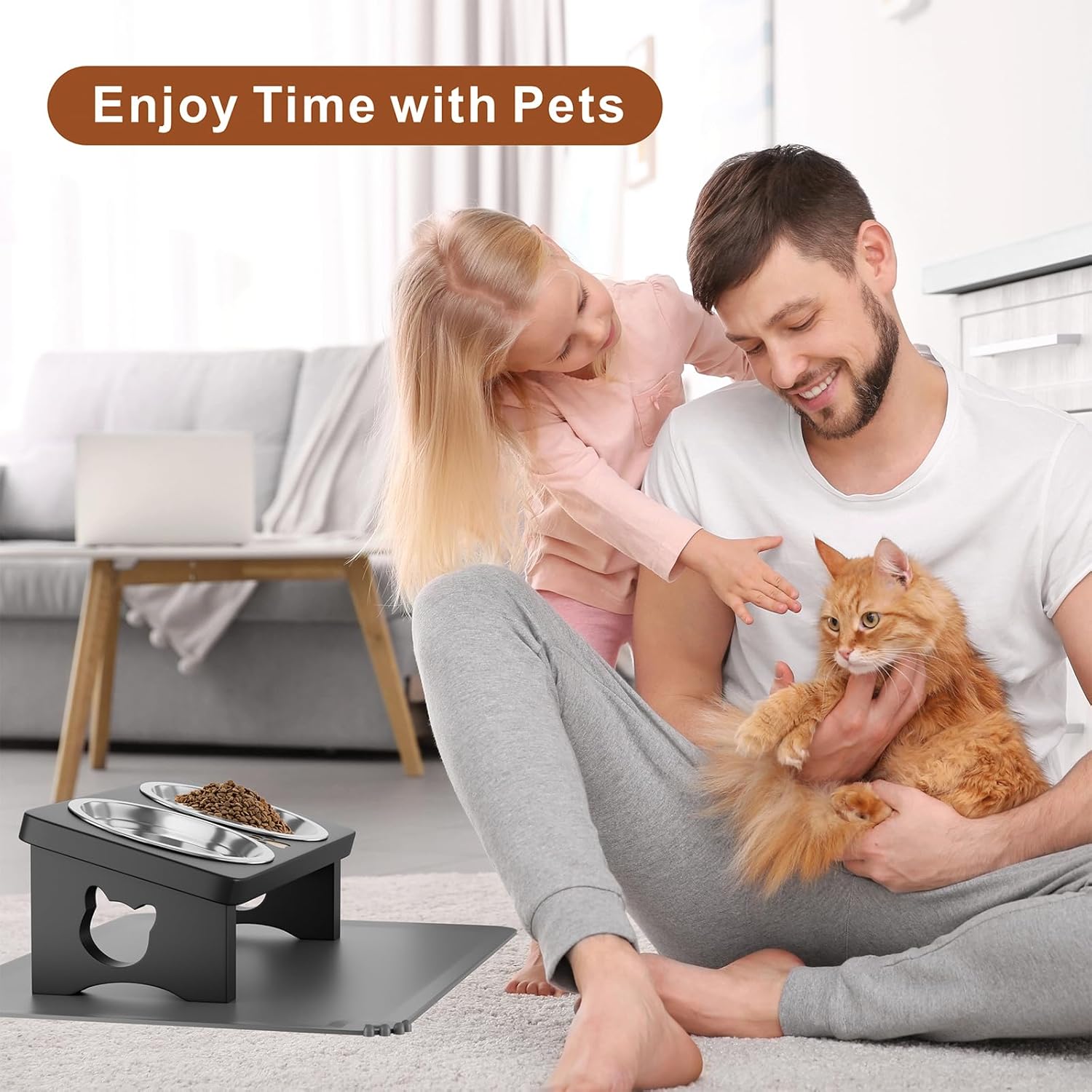 Elevated Cat Bowls with Silicone Mat, 15° Tilted Solid Wood Stand, Raised Stainless Steel Food & Water Dishes for Cats and Small Dogs, Anti-Vomiting Design(Black)