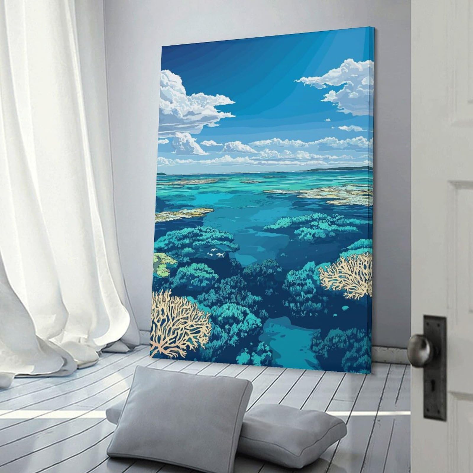 Junmoney Frame-Style-7-1 Coral Reef Under Blue Sky Room Decor Wall Art 20X30inch(50X75cm), For Bedroom, Guest Room Or Reading Nook, An Easy Wall Refresh For Bedrooms