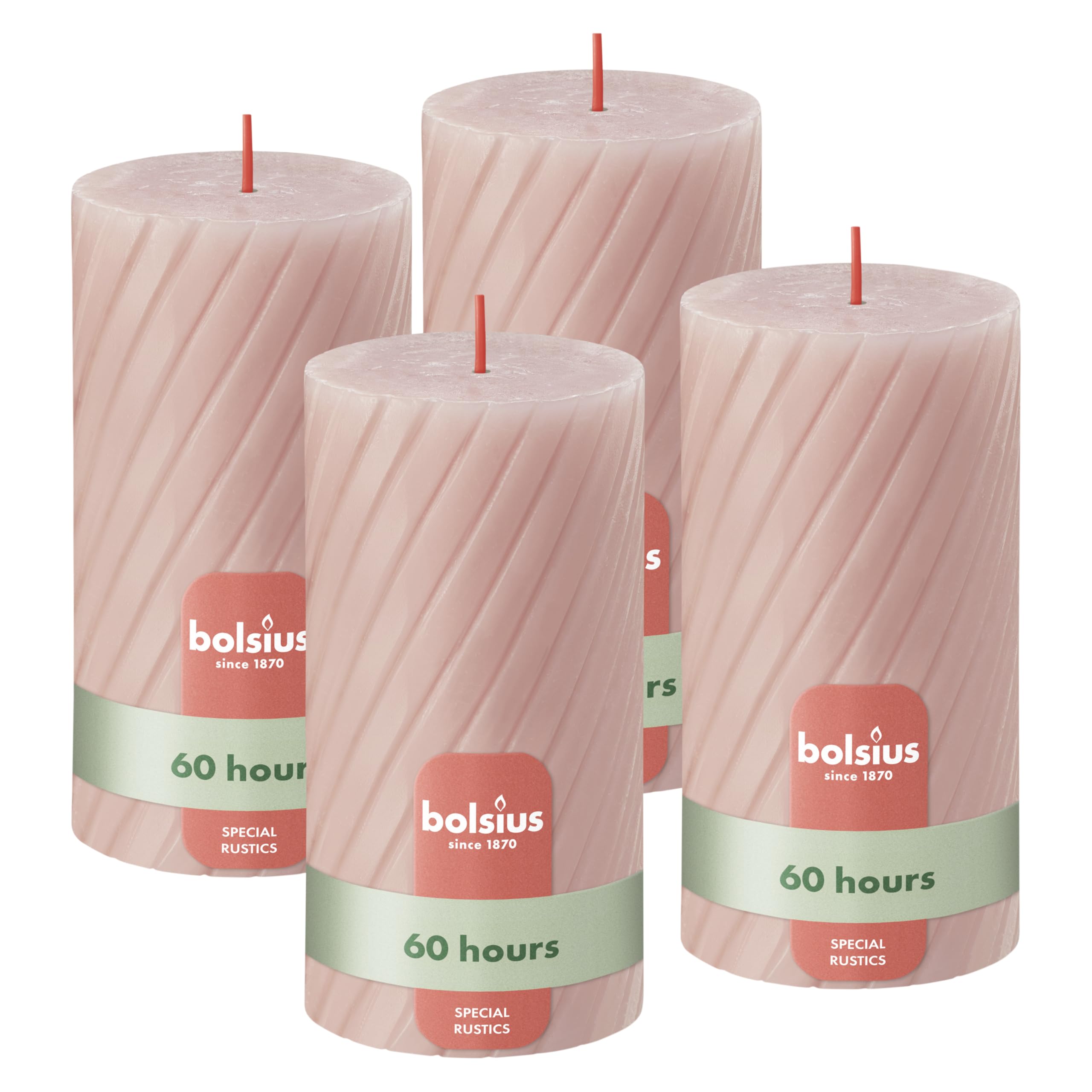 Bolsius Rustic Pillar Candles โ Ribbed โ Light Pink โ Set of 4 โ 13 cm โ Decorative Household Candles โ Made with Natural Plant-Based Wax โ Palm Oil Free