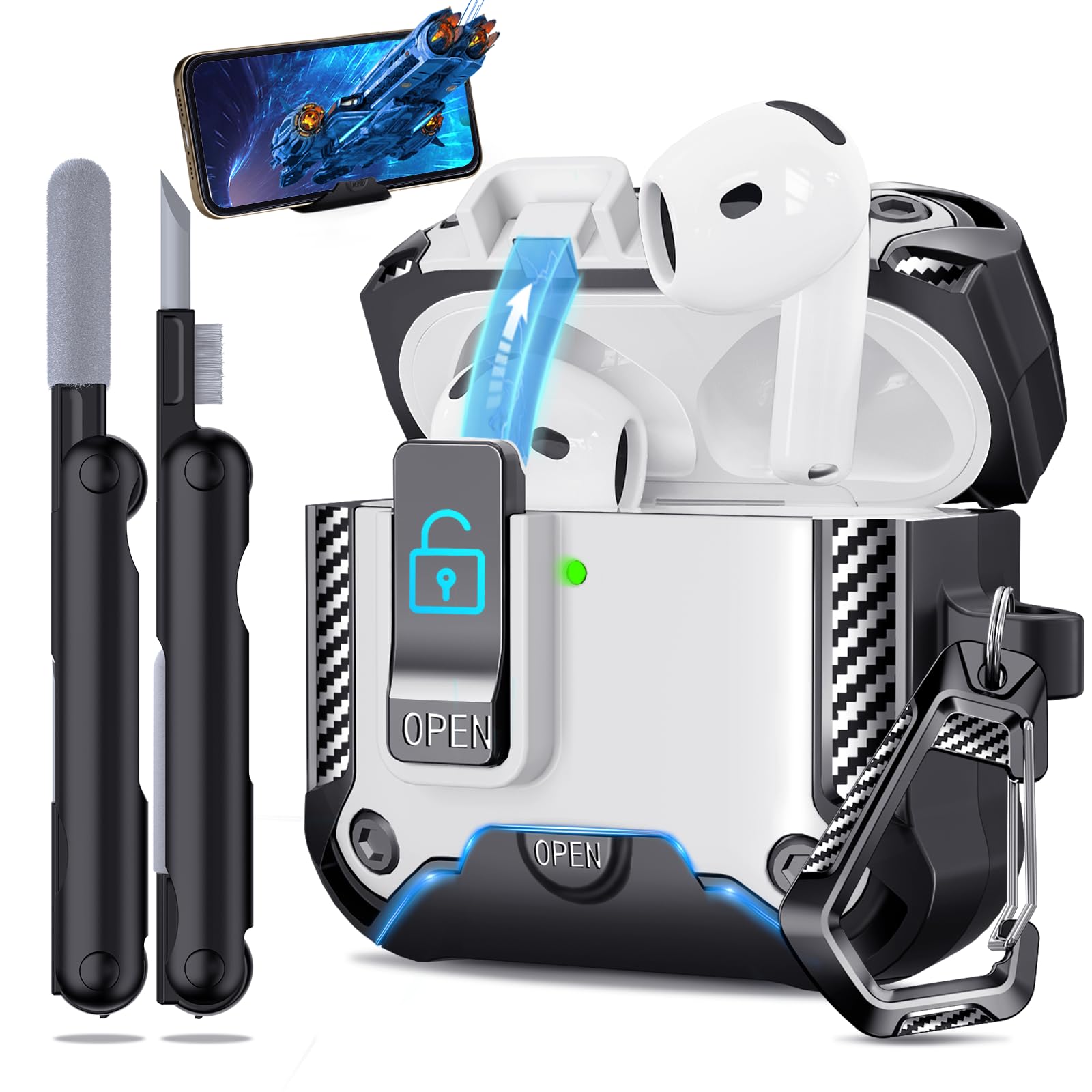 Secure Lock Case for AirPods 4 with Phone Stand, Cleaning Kit &amp; Keychain, Shockproof Protective Cover Compatible with Apple AirPods 4th Gen 2024 for Men Women, Anti-Scratch