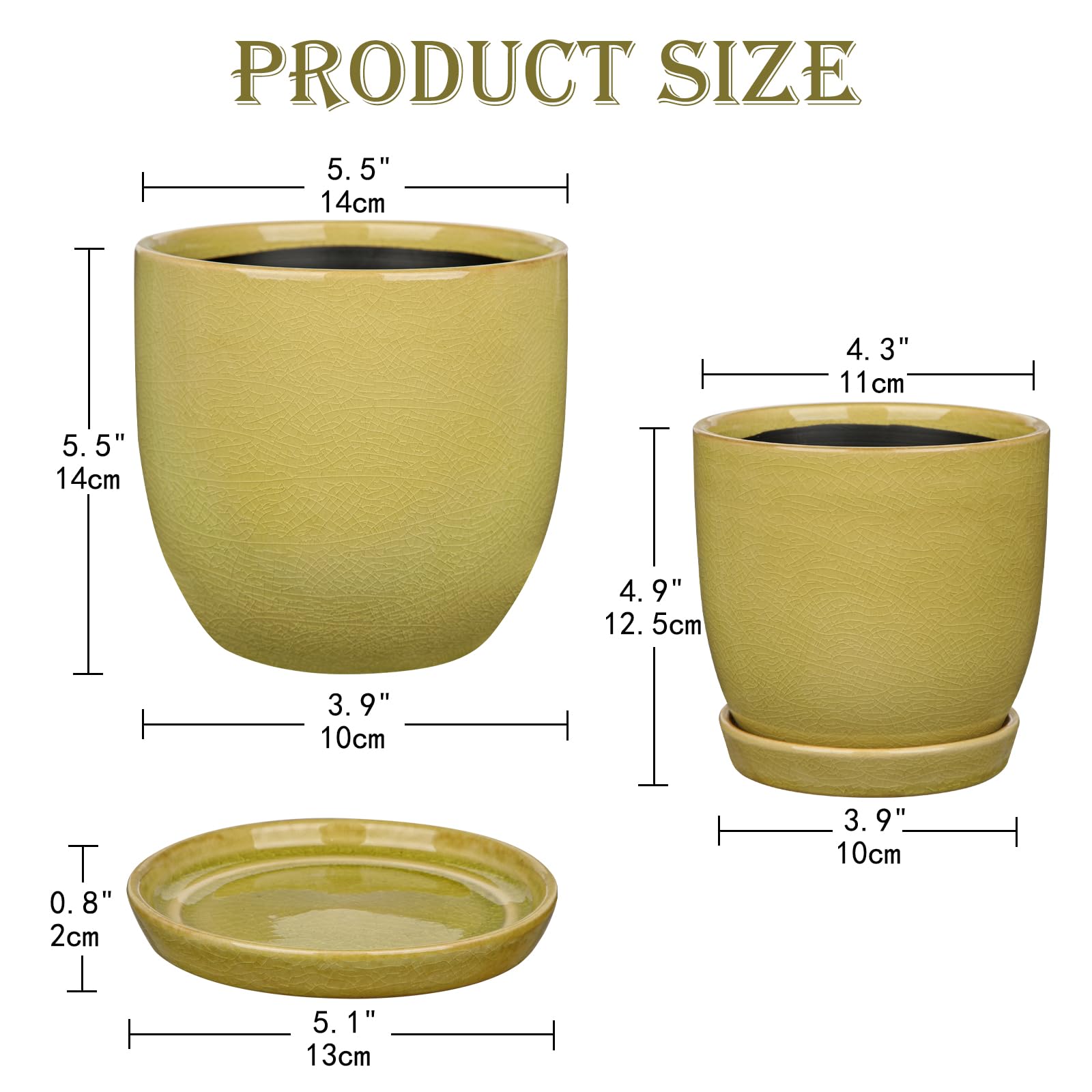 Oairse Set of 2 Ceramic Plant Pots 12CM 15CM Yellow Indoor Ceramic Planter with Drainage Holes and Saucers Tray Decorative Flower Pots Garden Pot for Succulent Cactus House Plants - Image 2