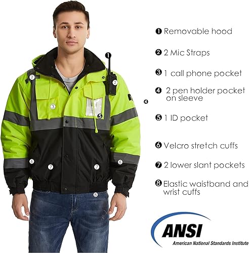 Miniatura 9 de SKSAFETY Chaquetas reflectantes de alta visibilidad para hombre, chaqueta de seguridad impermeable clase 3 con bolsillos, abrigos amarillos Hi Vis