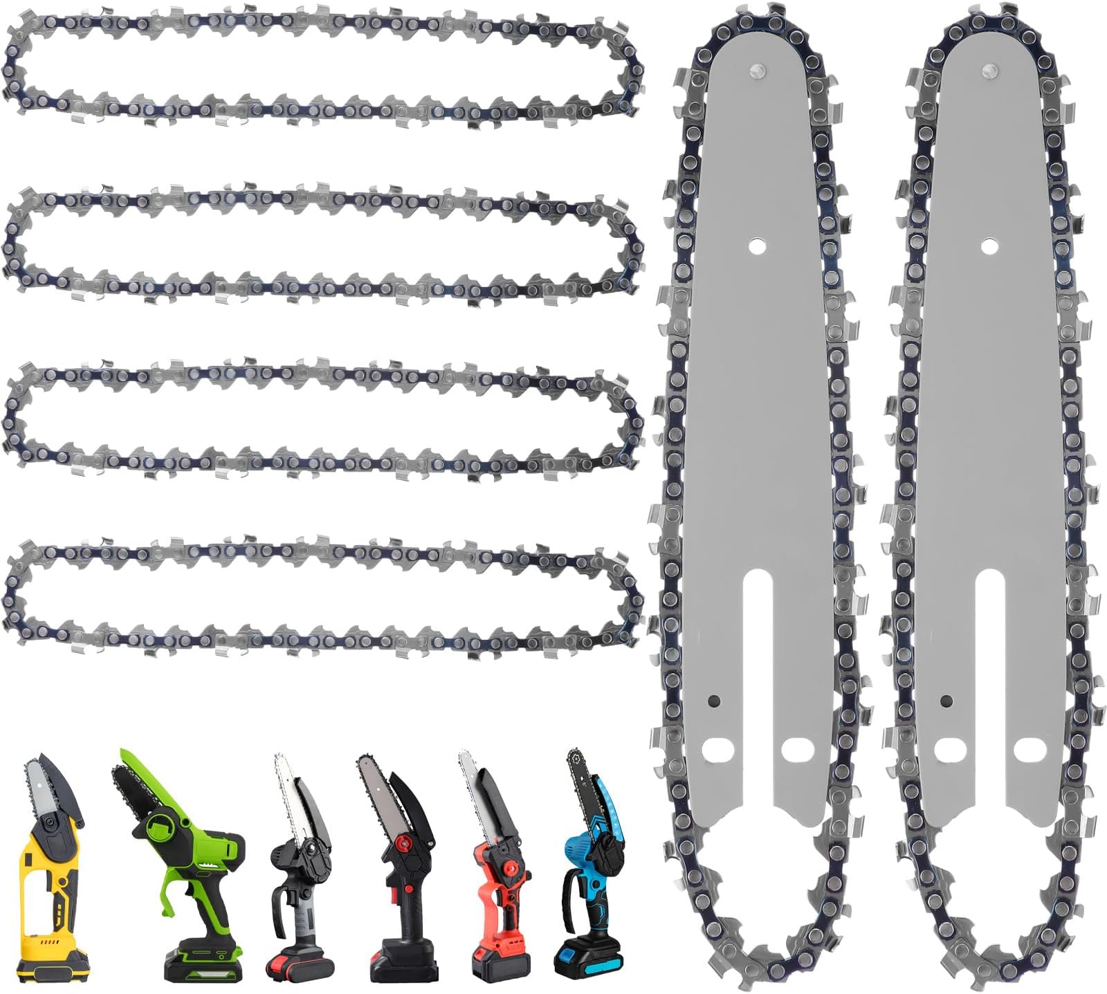 [8 Pieces] 6pcs 6-Inch Mini Chainsaw Chains with 2pcs Replacement Saw Chain Bars – High-Carbon Steel Blades for Fast Cutting, Durable & Easy to Install for Cordless Electric Chainsaws