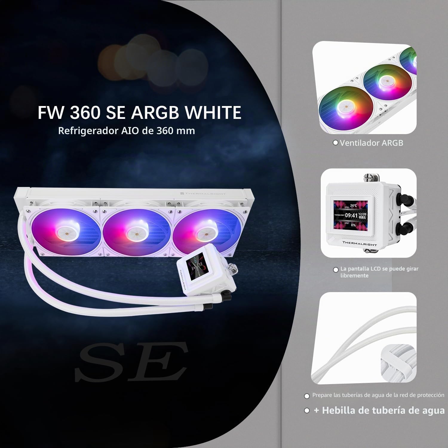 TR Thermalright FW360 SE White ARGB Liquid CPU Kühler, pantalla LCD IPS de 2 pulgadas con resolución de 320x240, magnético, tema de pantalla DIY, para AM4/AM5, LGA1851/1700/115x
