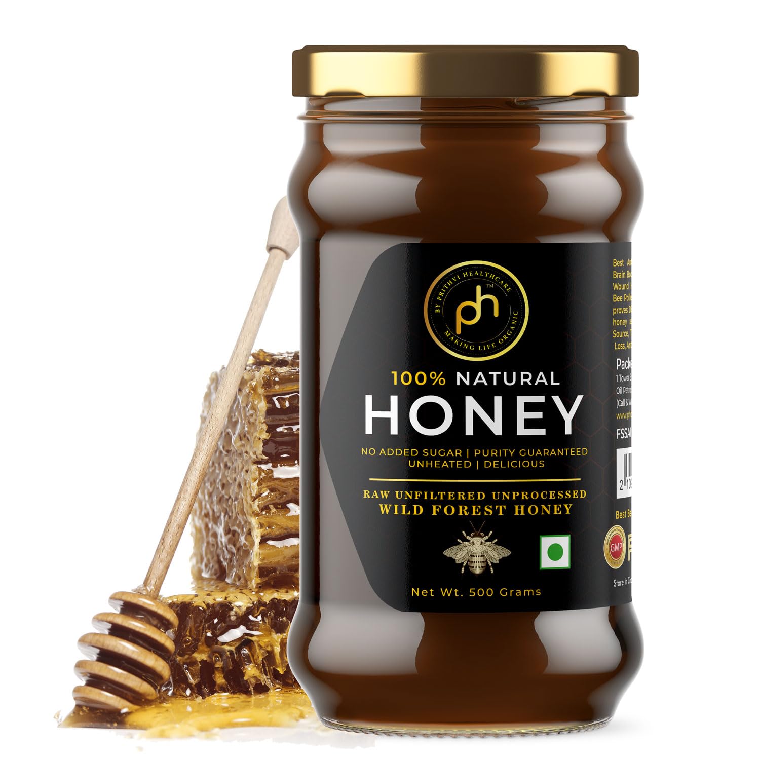 PHs Organic Raw Wild Bee Honey 500 gm | Organic FDA ISO GMP Certified | Collected from Beehives | Unfiltered unprocessed | 100% Natural from Deep Forests