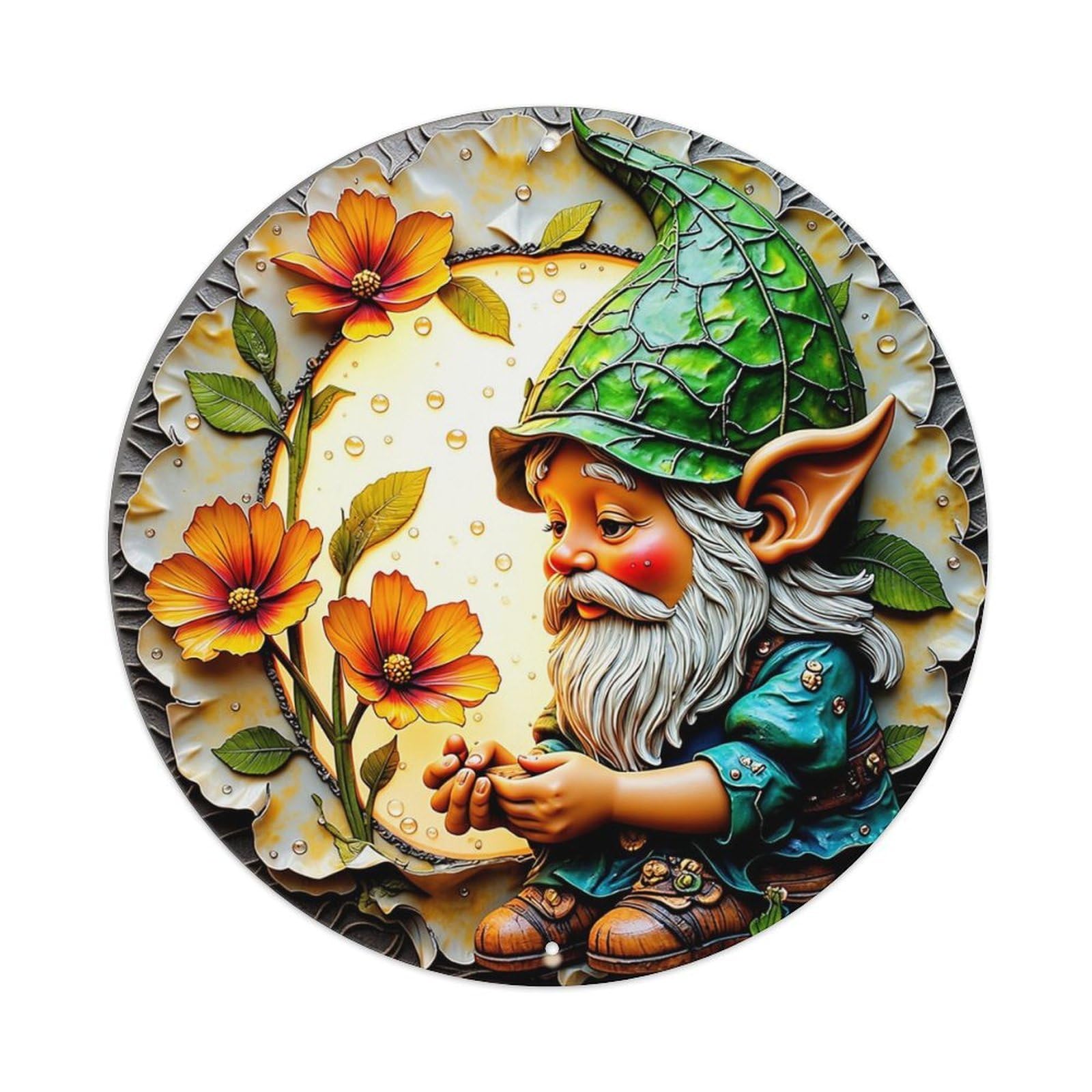Gnome Flower Garden Artwork Pattern Retro Metal Sign Round Tin Sign, Vintage Decor Art Poster for Bar, Home, Man Cave, Kitchen, Laundry Room Gift 8x8Inch