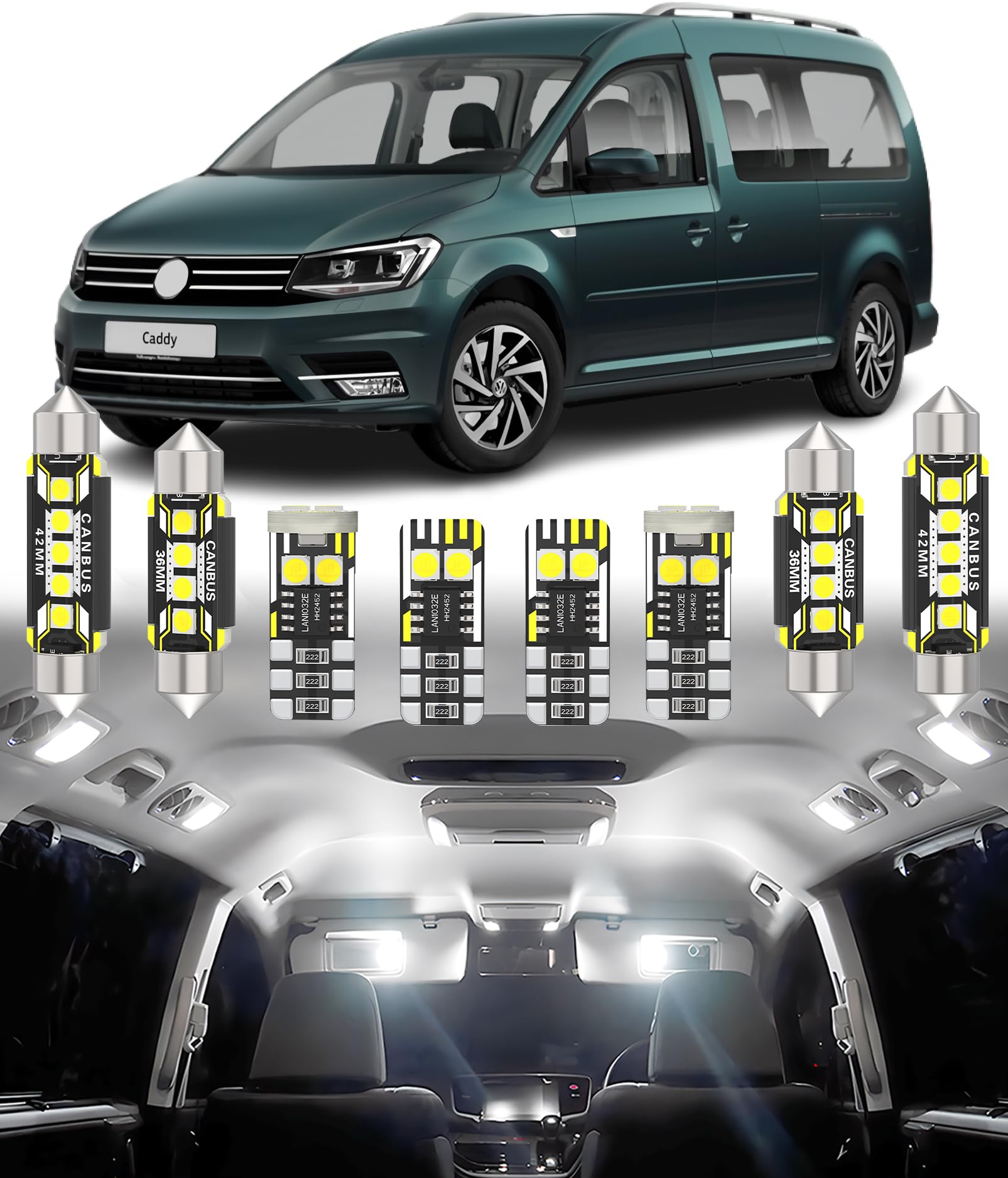 BMT xms 9pz Kit di Luci LED per Interni per Volkswagen VW Caddy 3 4 III IV 2004-2020, Lampadine LED per Interni Auto e Camion 6000K Bianco Luminoso