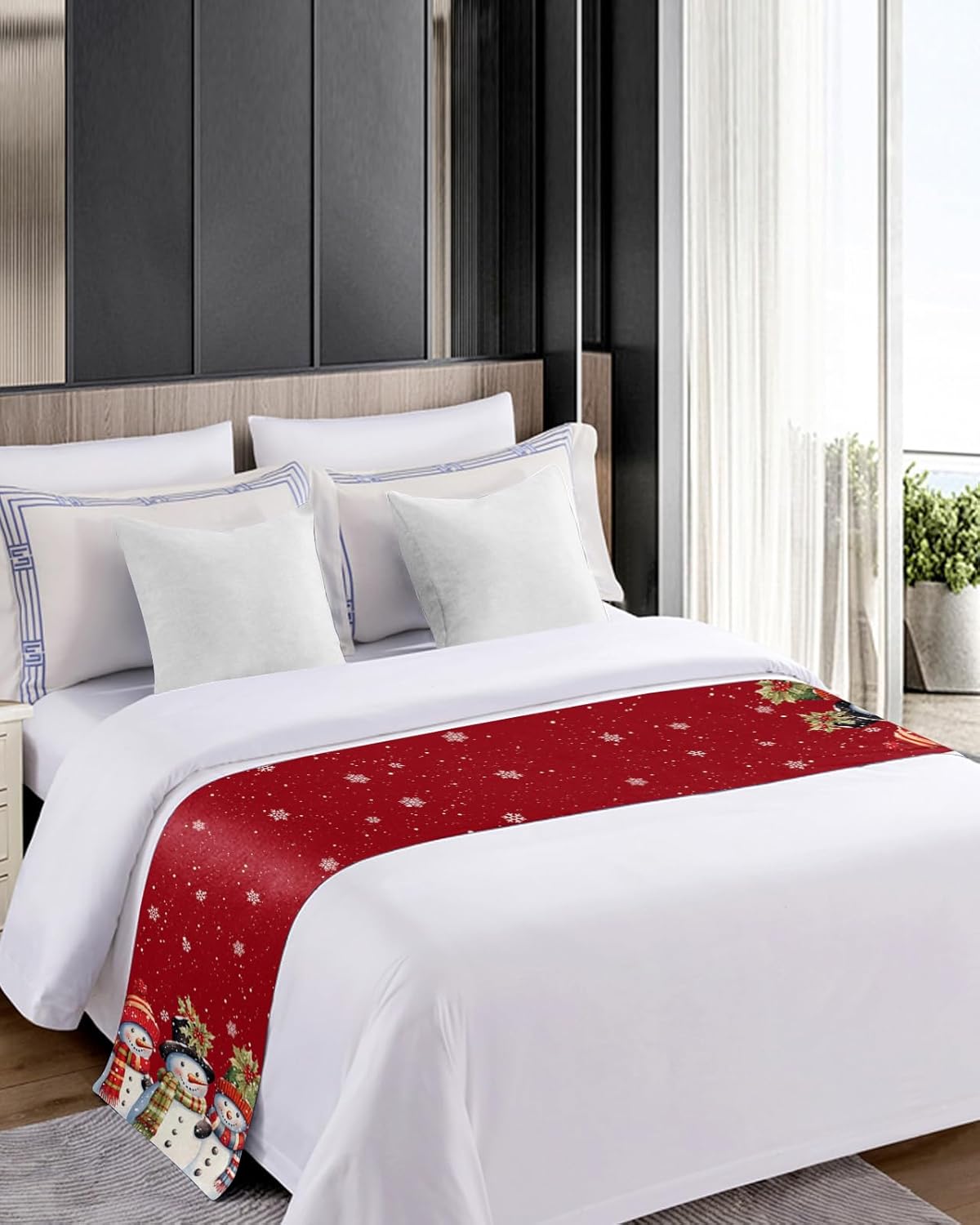Bed Runner Scarf for Bed Foot Decor, Merry Christmas Snowman Red and Black Buffalo Plaid Bed Flags Bed Scarves, Bedding Scarf Protector for Home Bedroom/Hotel/Wedding, 102"x20" for Cal King Bed