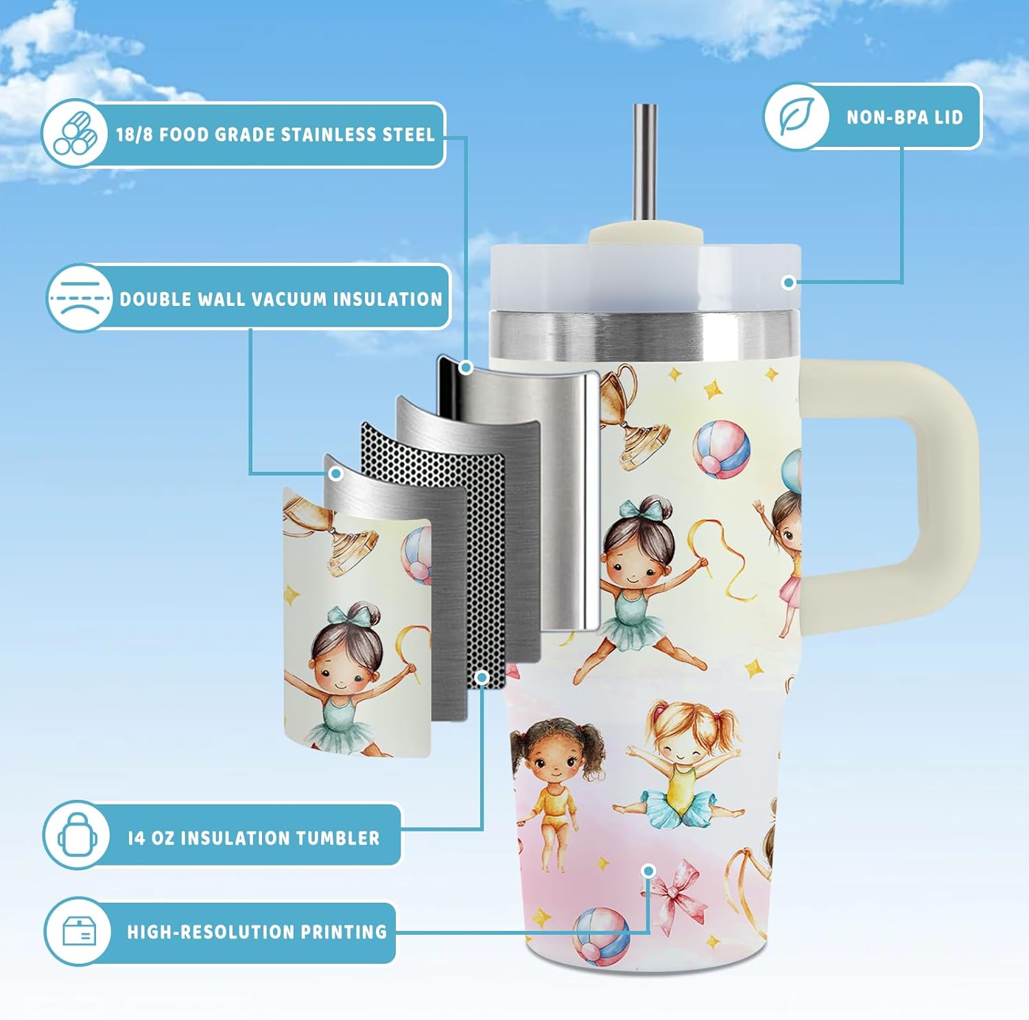 Gymnastics Gifts, 14 Oz Gymnastic Tumbler with Handle & Straw, Thanksgiving Christmas Birthday Gift for Gymnastics Coach, Gymnastic Stainless Steel Tumbler for Daughter, Dance Gifts, 1 PCS - Image 3