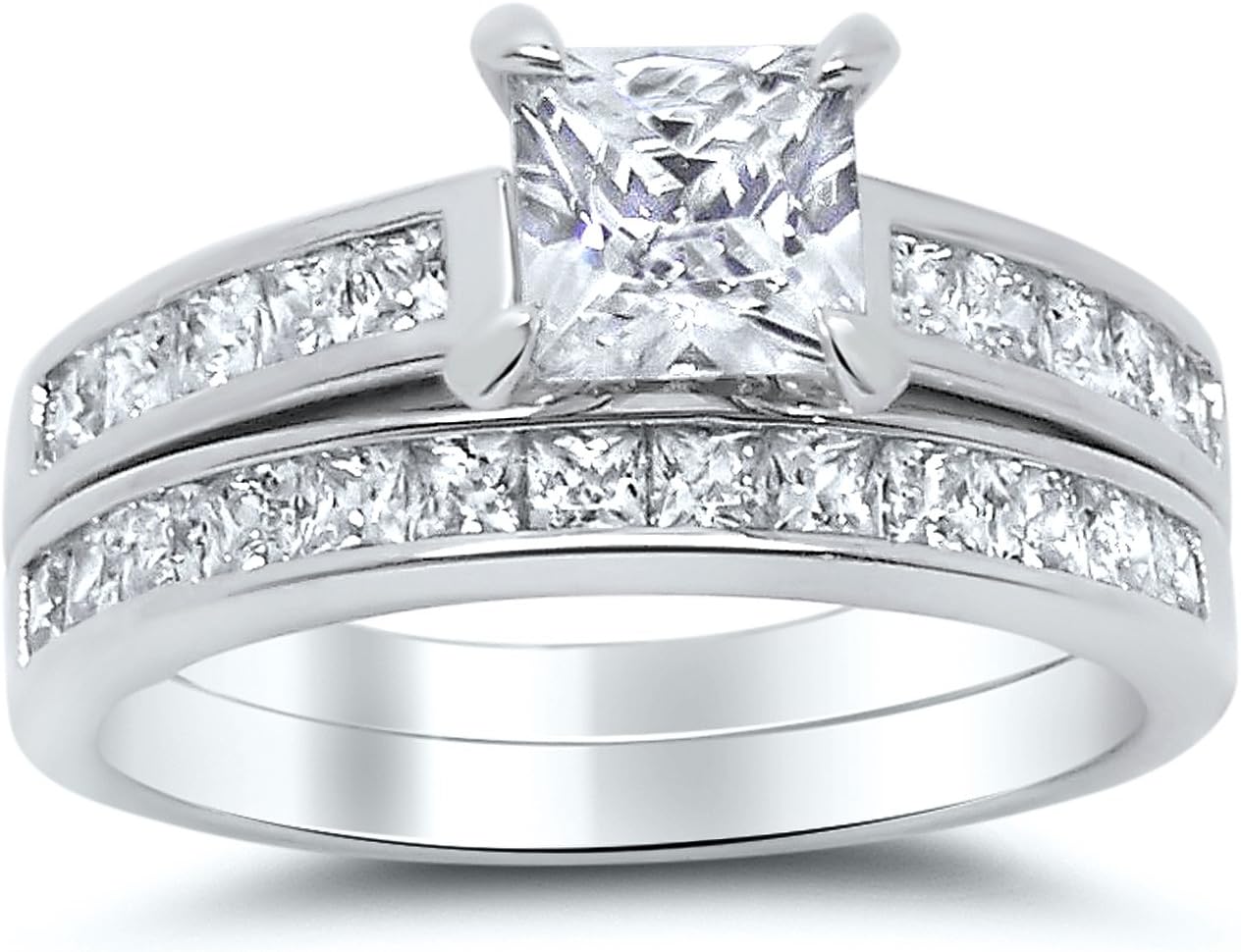 Sterling Silver Princess Cut Bridal Set Engagement Wedding Ring Set (Size 7)