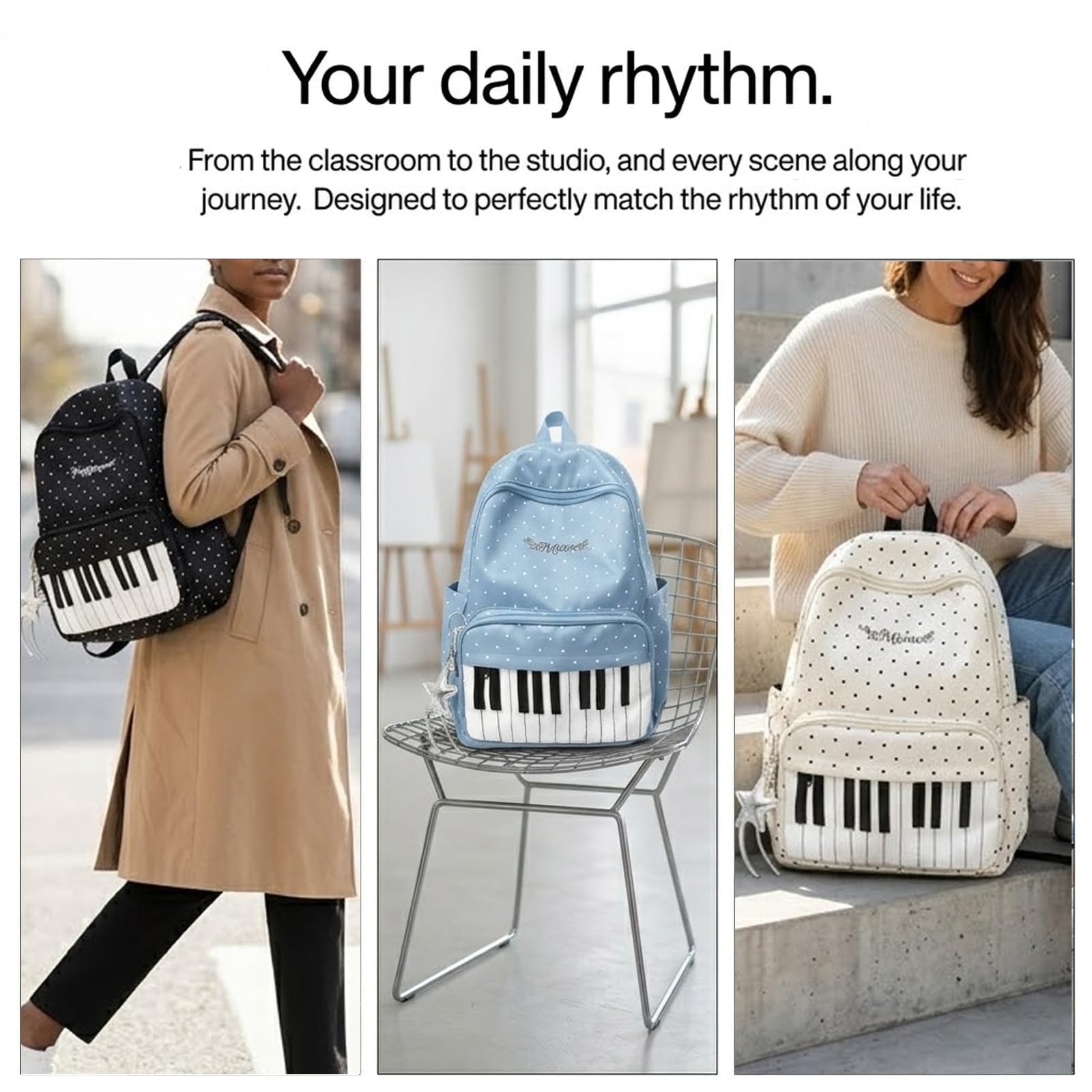 Piano Backpack for Women, Cute Polka Dot Backpack for Commute (Black)