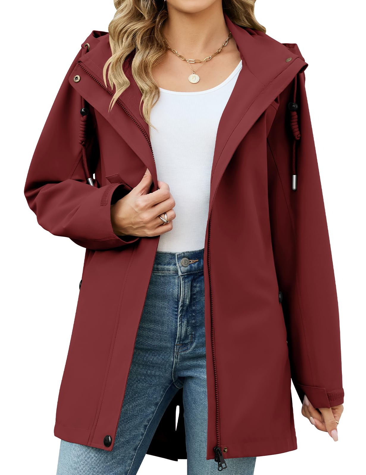 CMTOP Veste Femme mi Saison Softshell Imperméable, Coupe-Vent Parka à Capuche Amovible, Décontracté Longue Blouson Légère Manteau avec Poches pour Printemps et Automne