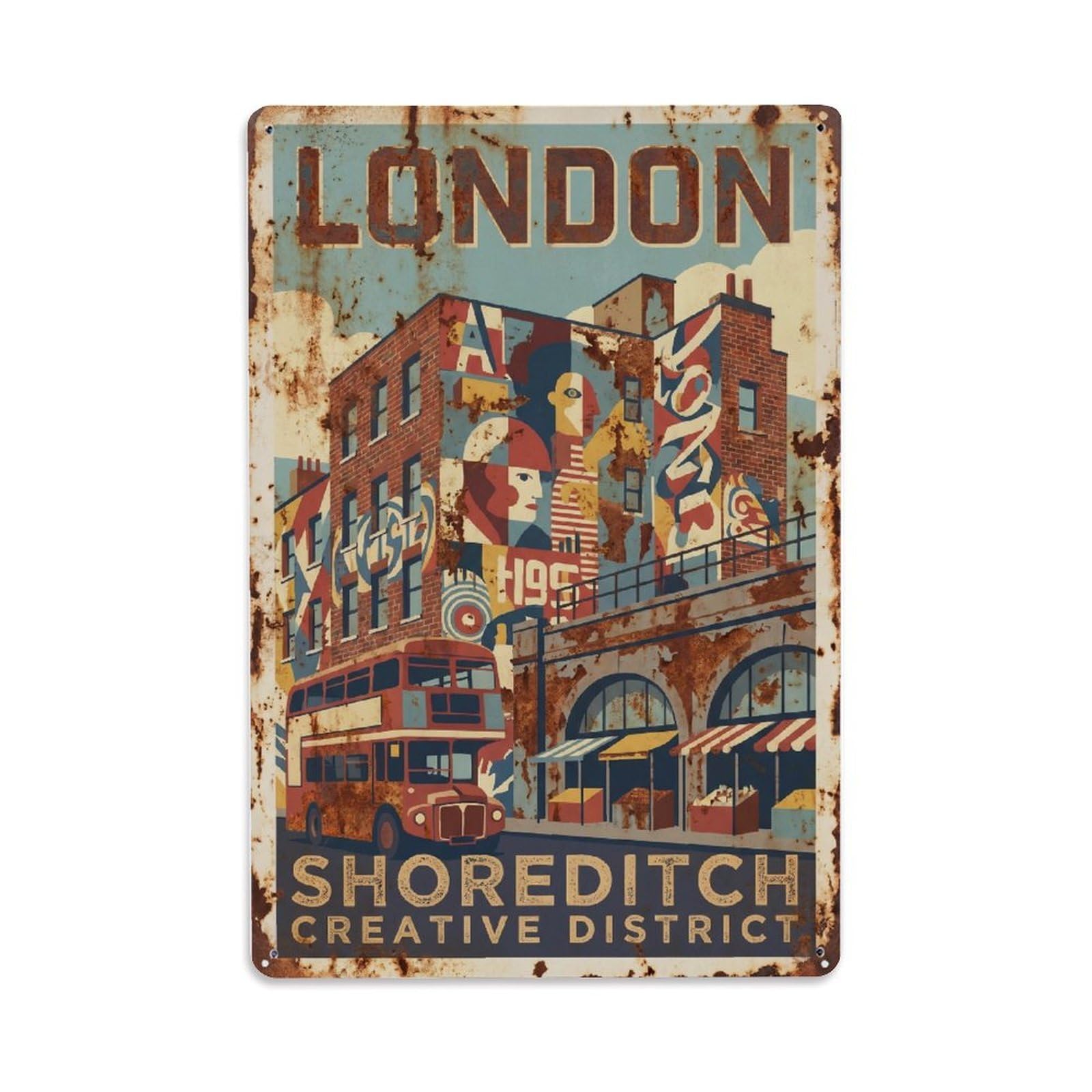 Vintage Travel London Shoreditch Street Art District Rusted England Metal Tin Sign Plaque Wall Decor for Cafe, Club Bar, Office, Home Garden Metal Poster 8x12Inch