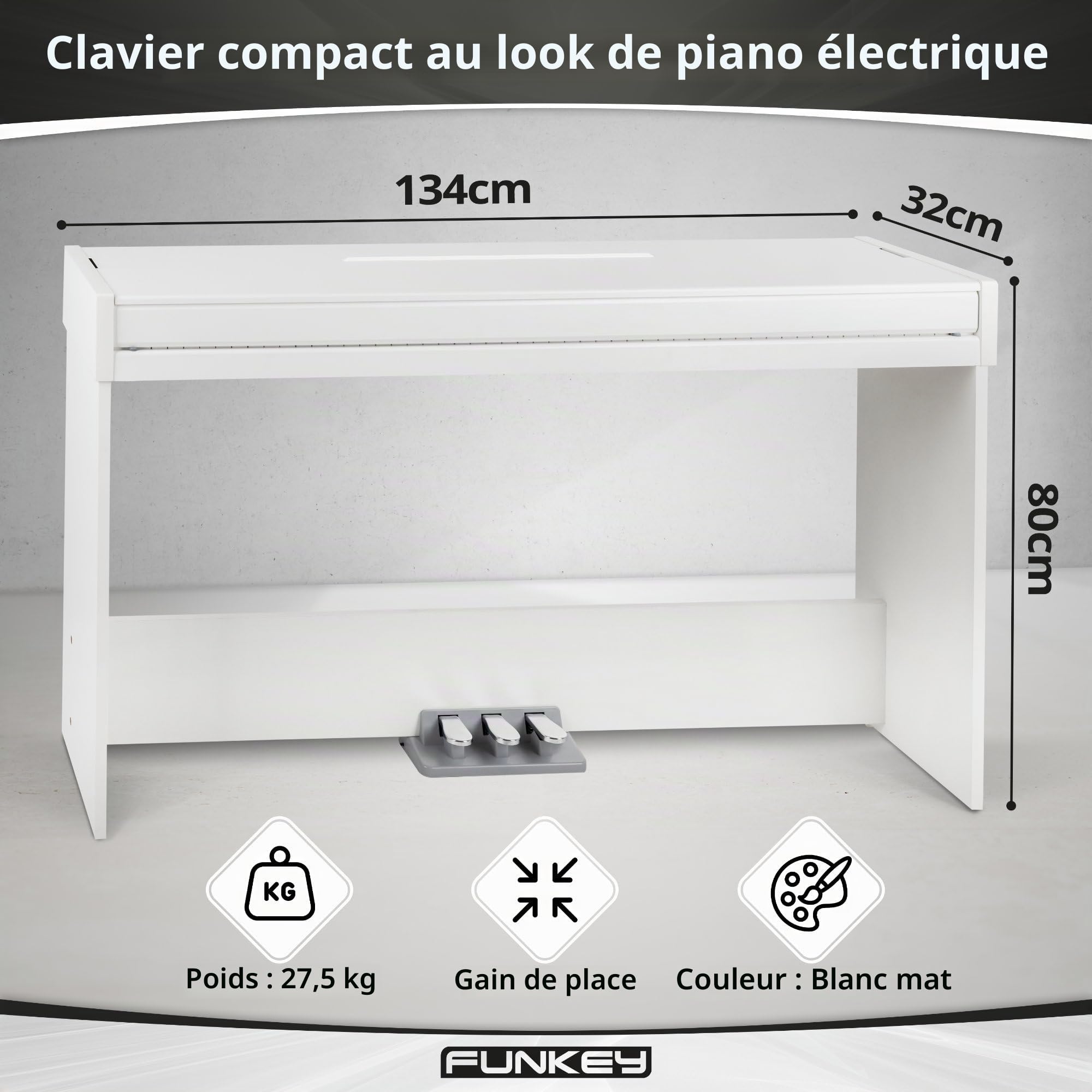 FunKey DP-1088 WM Piano numérique élégant - 88 touches de clavier sensibles à la vélocité et 3 pédales - 20 sons - Haut-parleurs stéréo intégrés et 2 prises pour casque - Blanc mat