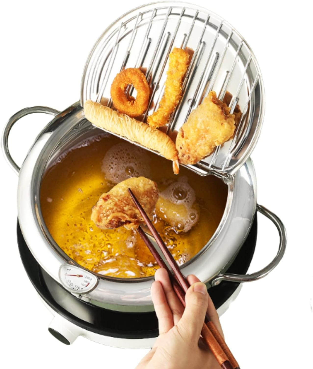 Japanese Style Deep Frying Pot, 9.5 Inch Stainless Steel With