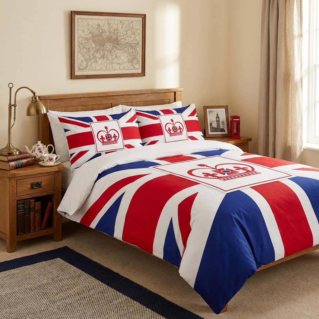Adam Home 3D Digital Printed Union Jack Duvet Cover Set With Pillowcases Home Bedroom Décor Microfiber King Bedding Set Made in UK |Union Jack with Crown Motif